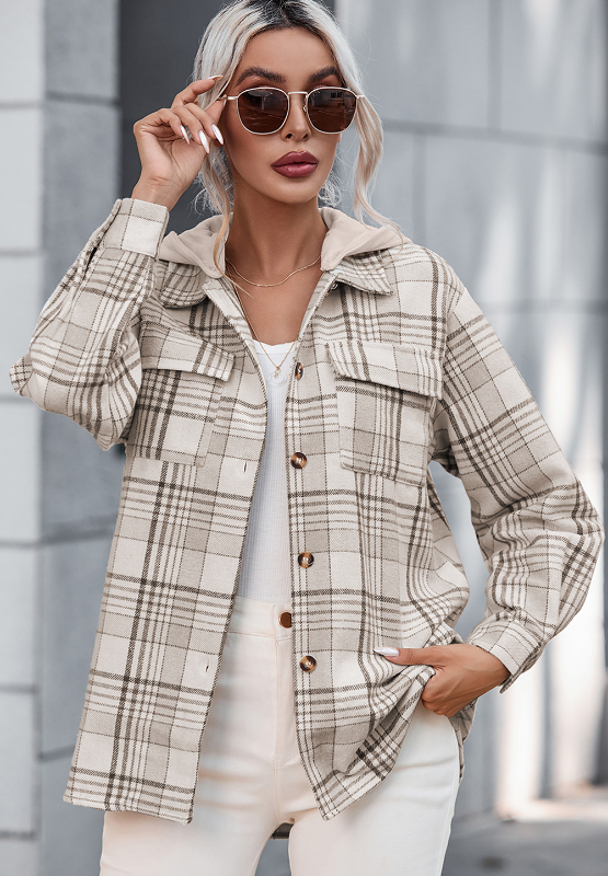 Plaid Removable Hood Button Up Shacket-TOPS / DRESSES-[Adult]-[Female]-2022 Online Blue Zone Planet