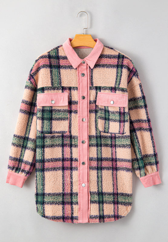 Fuzzy Plaid Corduroy Patchwork Shacket-TOPS / DRESSES-[Adult]-[Female]-2022 Online Blue Zone Planet