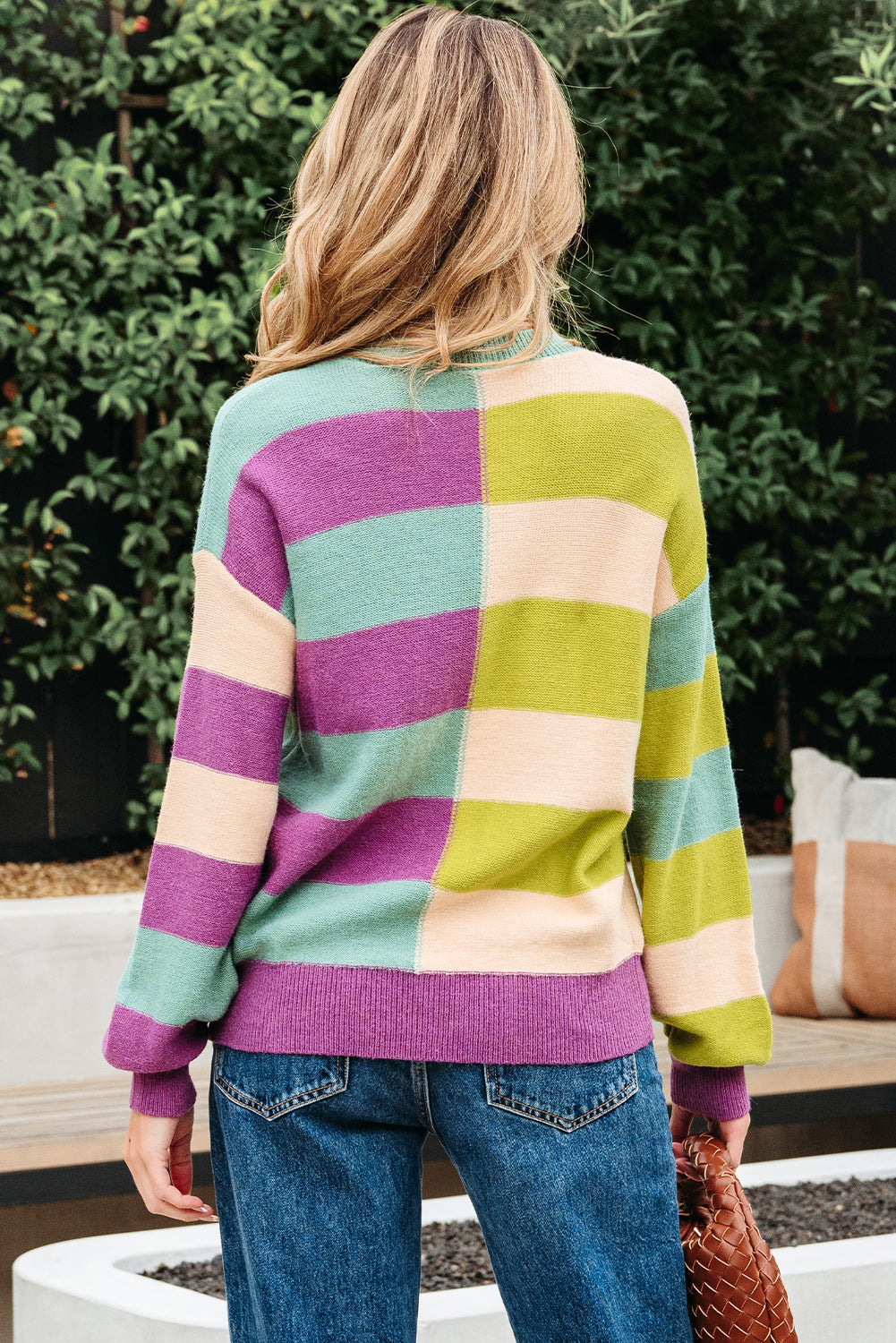 Green Stripe Drop Shoulder Ribbed Edge Casual Sweater-TOPS / DRESSES-[Adult]-[Female]-2022 Online Blue Zone Planet