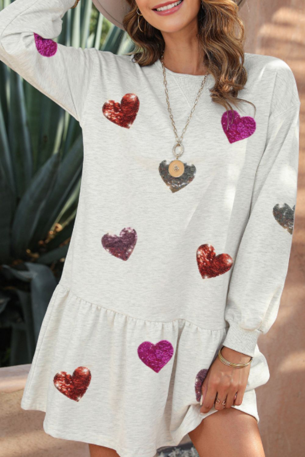 Sequin Heart Round Neck Long Sleeve Mini Dress-TOPS / DRESSES-[Adult]-[Female]-2022 Online Blue Zone Planet