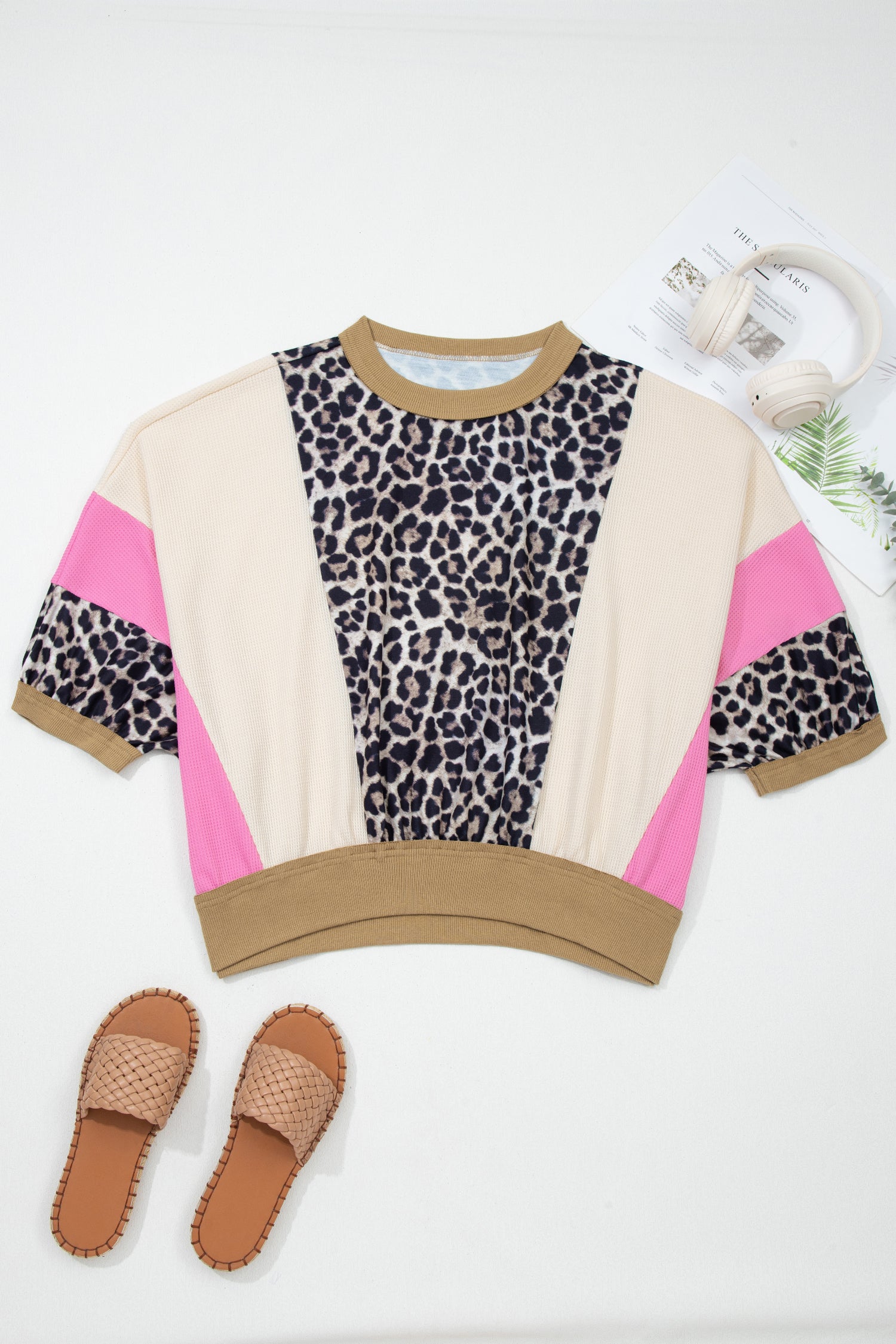 Brown Leopard Print Color Block Patchwork 3/4 Sleeve Loose Top-Tops/Long Sleeve Tops-[Adult]-[Female]-2022 Online Blue Zone Planet
