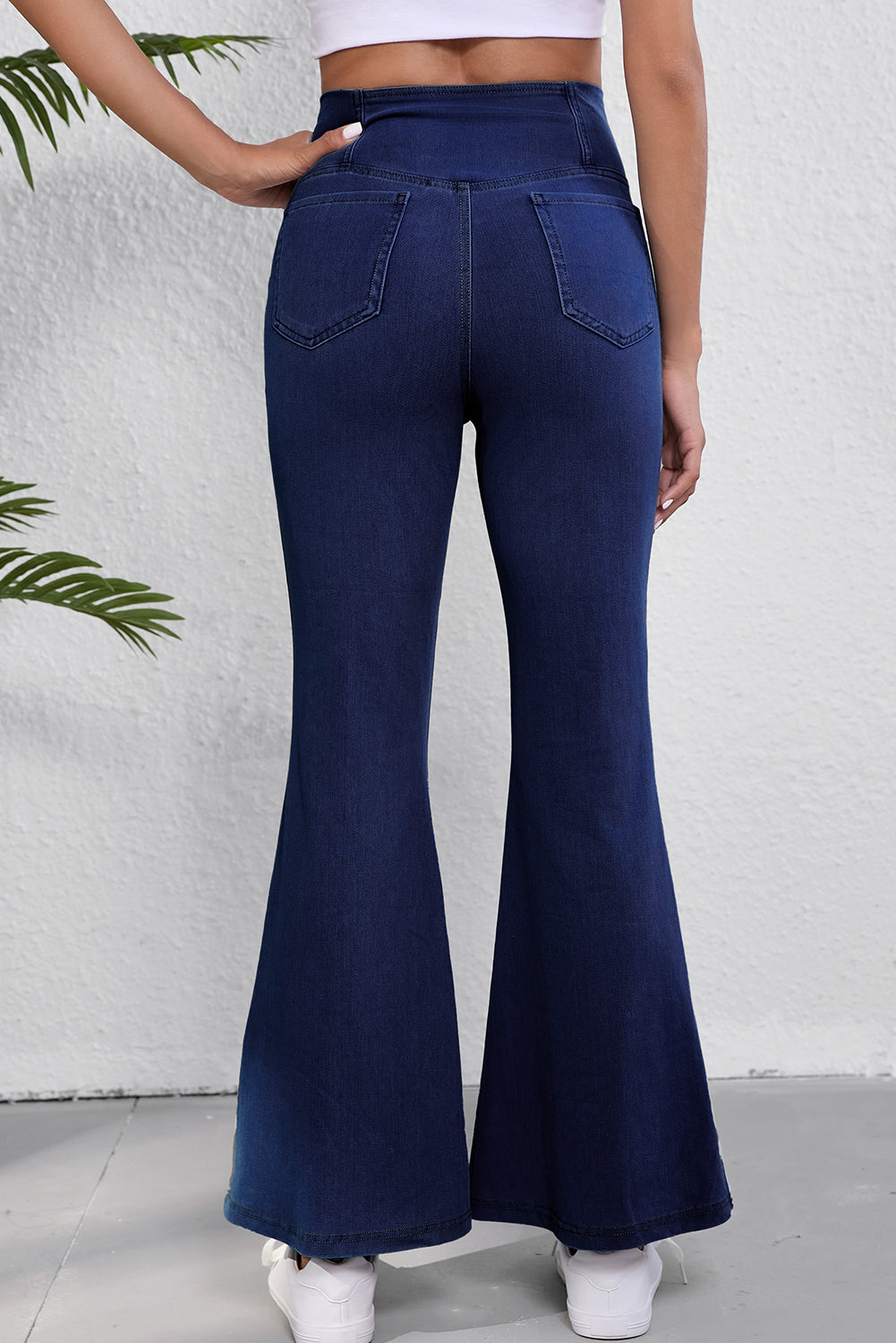 Dusk Blue Solid Crossed Waist High Elastic Fit Flare Knit Jeans-Bottoms/Jeans-[Adult]-[Female]-2022 Online Blue Zone Planet