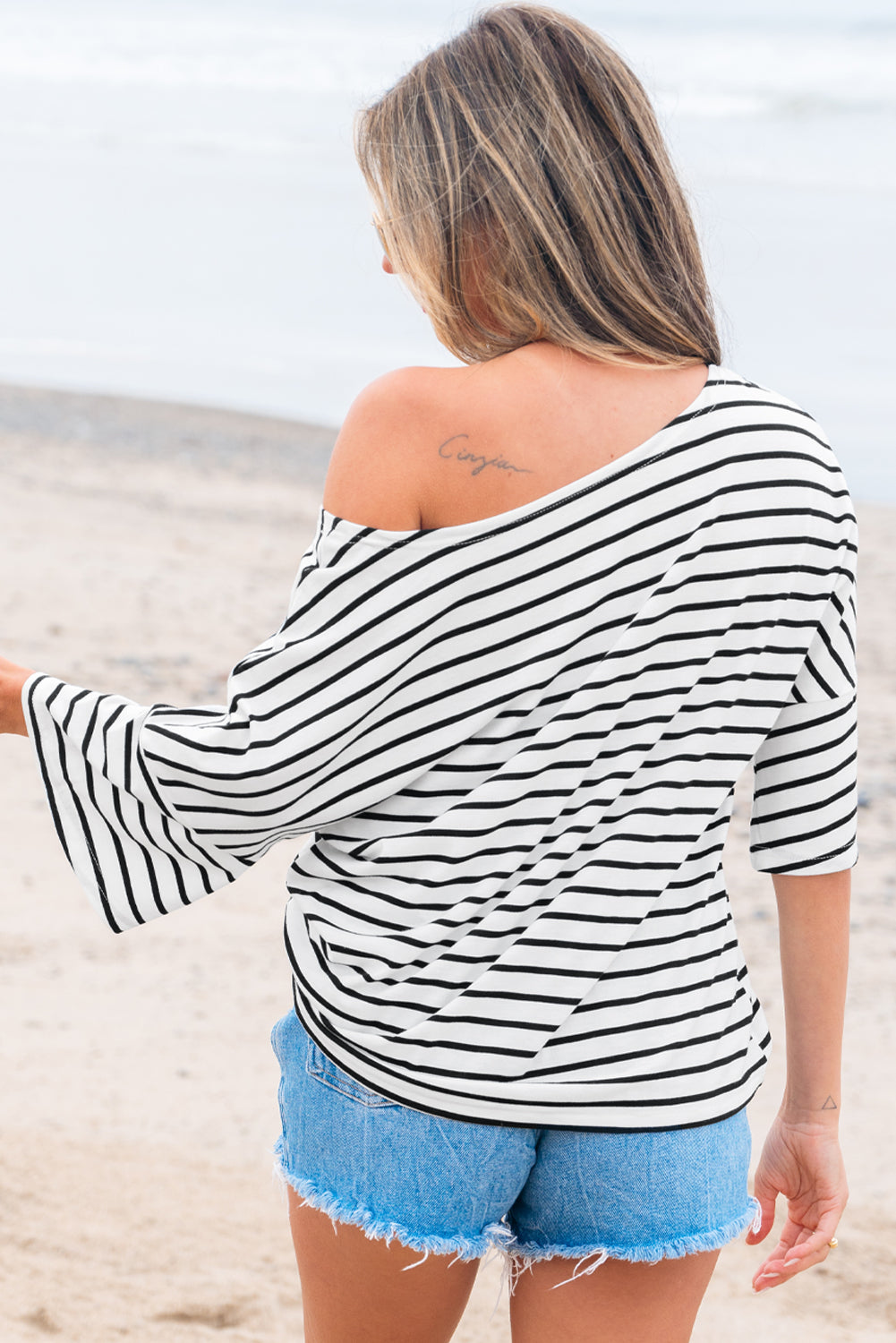 Black Stripe Half Sleeve Scoop Neck Loose Top-Tops/Tops & Tees-[Adult]-[Female]-2022 Online Blue Zone Planet