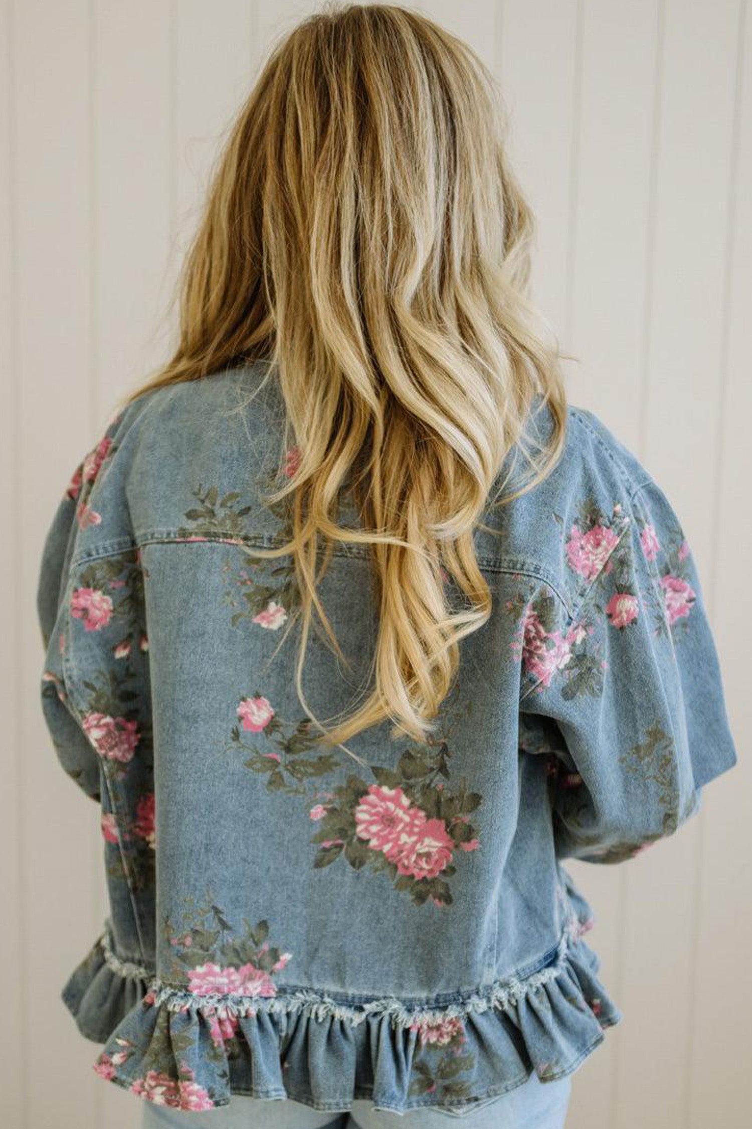 Sky Blue Floral Print Raw Seam Ruffle Hem Denim Jacket-Outerwear/Denim jackets-[Adult]-[Female]-2022 Online Blue Zone Planet