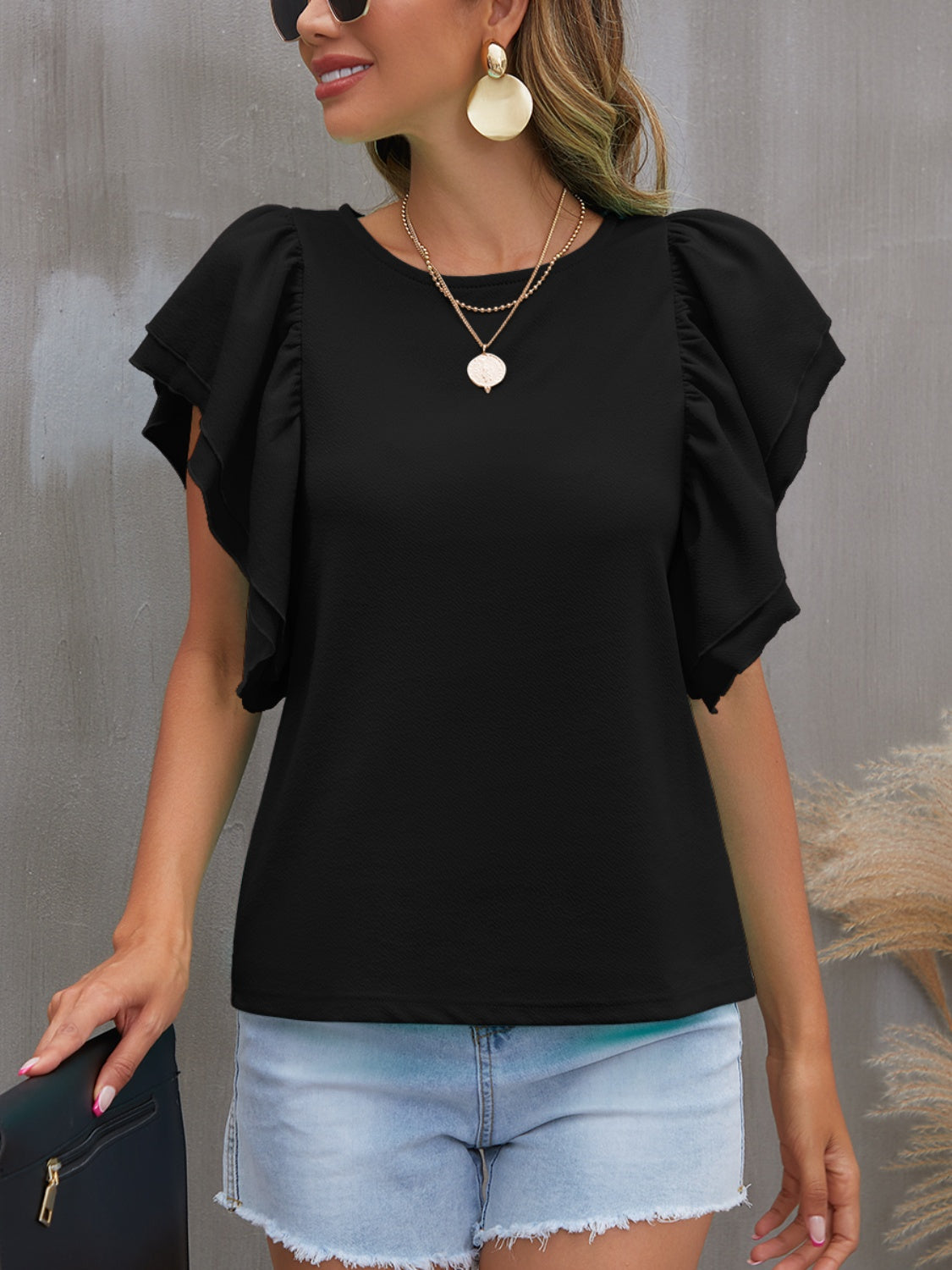 FAM-FAM Round Neck Flounce Sleeve Blouse-TOPS / DRESSES-[Adult]-[Female]-Black-S-2022 Online Blue Zone Planet