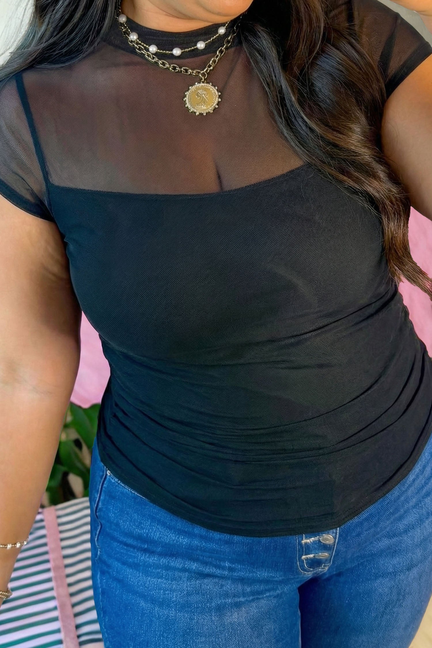 Black Plus Size Sheer Mesh Panel Short Sleeve Top-Plus Size/Plus Size Tops/Plus Size Tops & Tees-[Adult]-[Female]-Black-1X-2022 Online Blue Zone Planet
