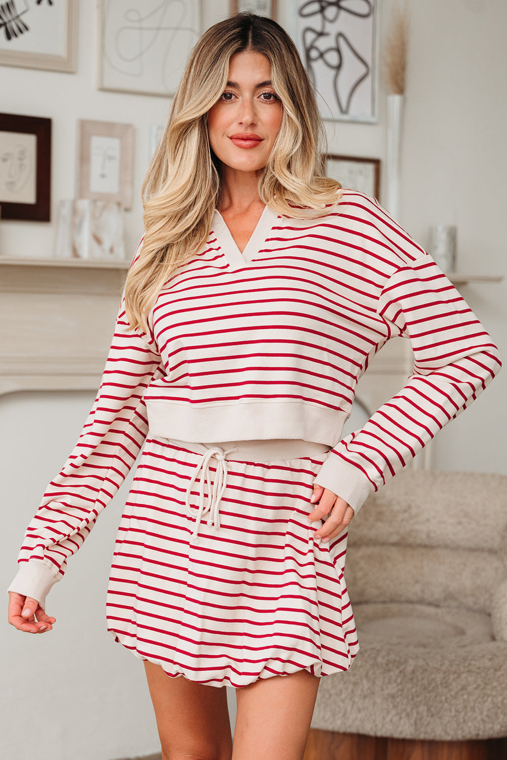Red Stripe Cropped Collared Drop Shoulder Pullover And Bubble Mini Skirt Set-Two Piece Sets/Two Piece Dresses-[Adult]-[Female]-2022 Online Blue Zone Planet