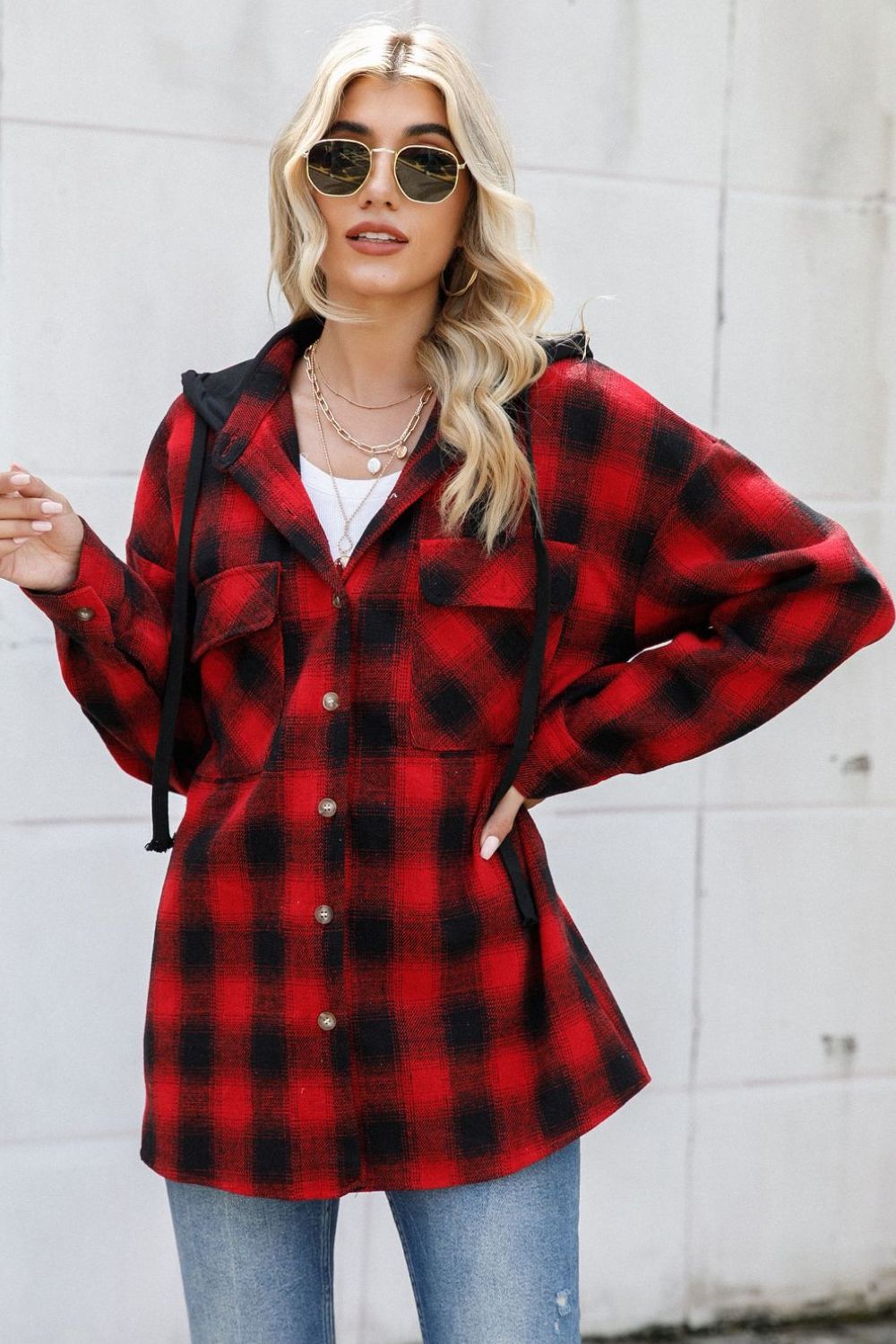 Drawstring Plaid Long Sleeve Hooded Shacket-TOPS / DRESSES-[Adult]-[Female]-2022 Online Blue Zone Planet