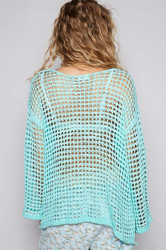 POL Side Slit Openwork Long Sleeve Knit Cover Up-TOPS / DRESSES-[Adult]-[Female]-2022 Online Blue Zone Planet