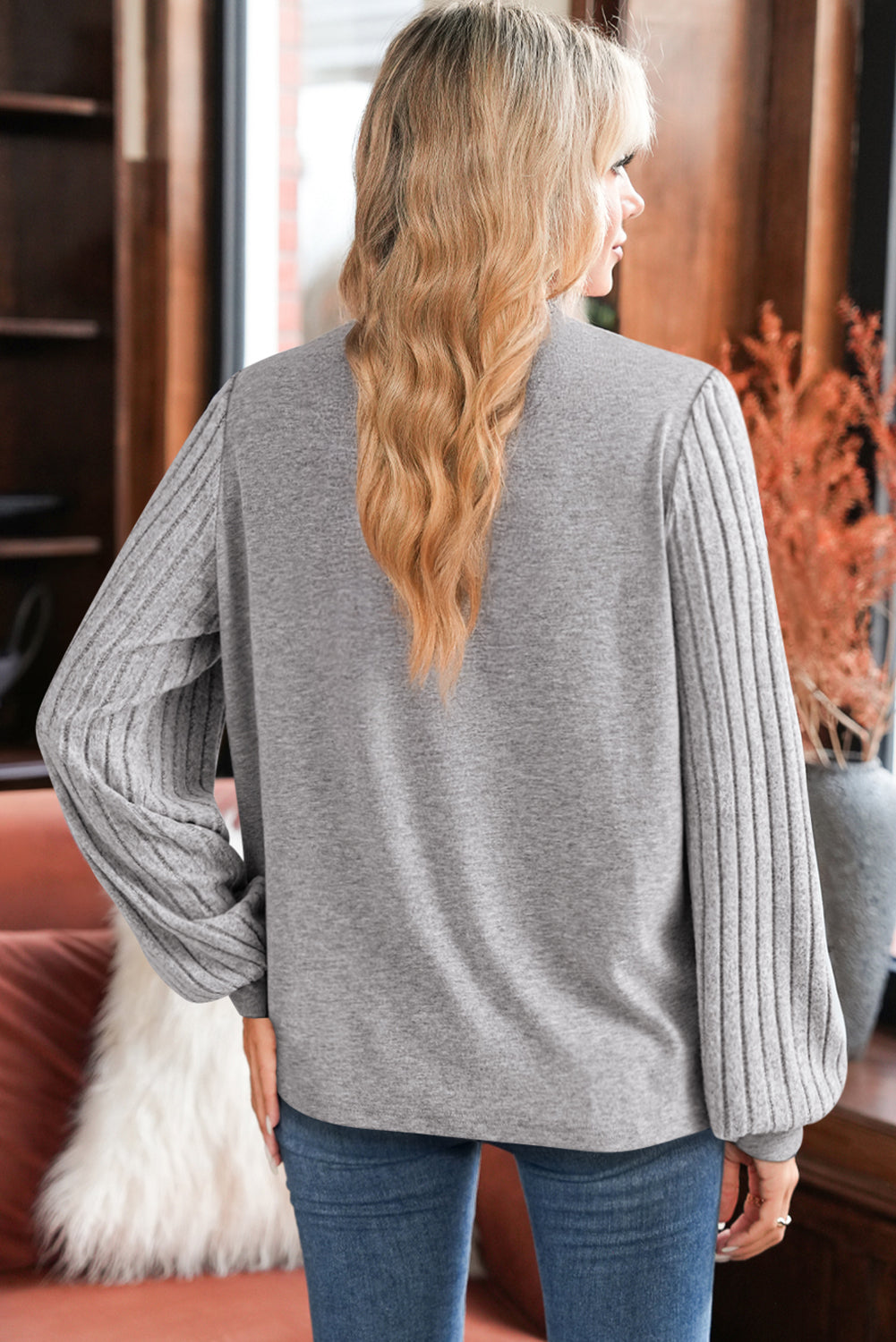 Gray Hollowed Lace Ribbed Knit Long Sleeve Patchwork Top-Tops/Long Sleeve Tops-[Adult]-[Female]-2022 Online Blue Zone Planet