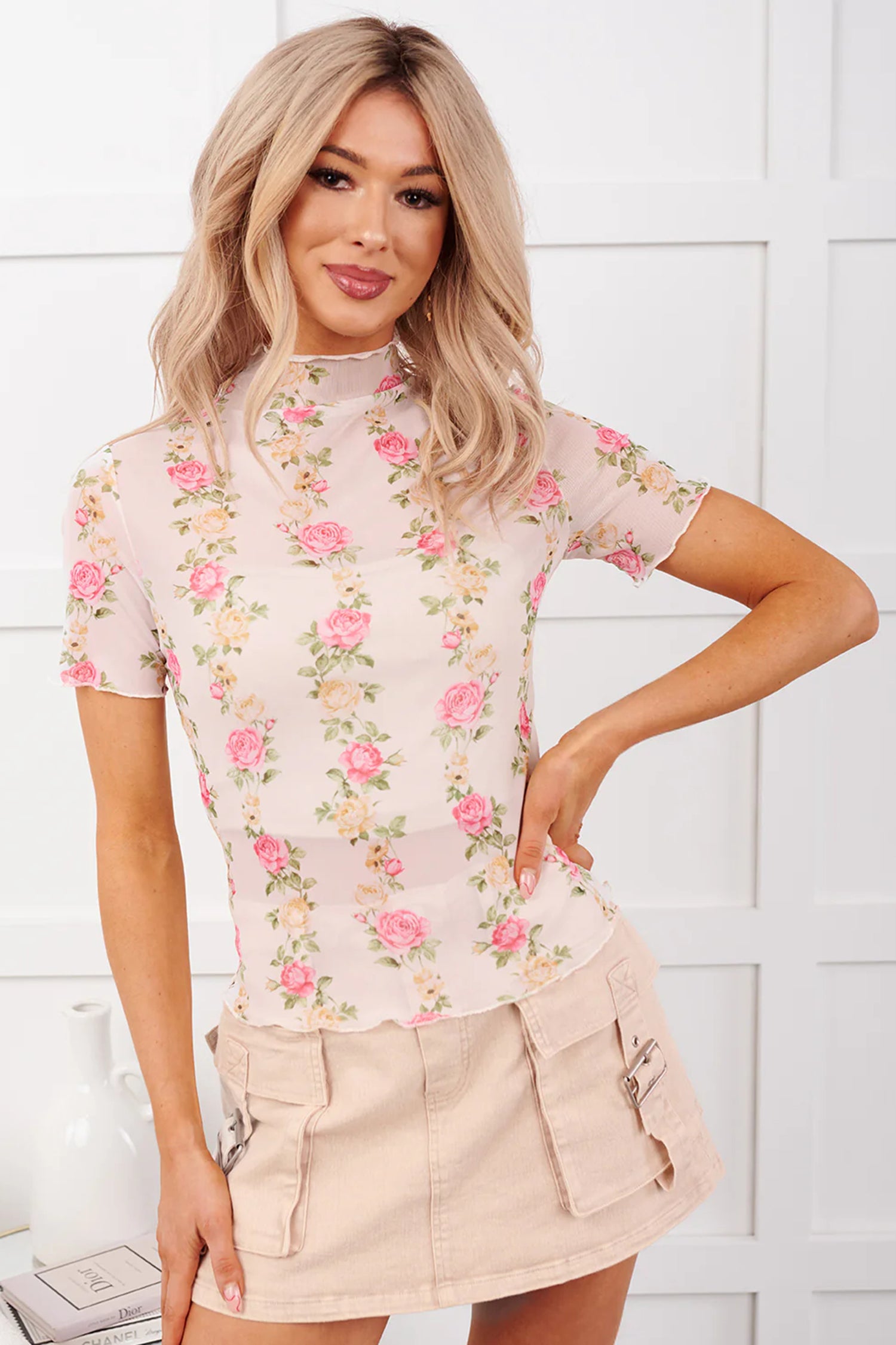 Beige Floral Print Mock Neck Short Sleeve Mesh Top-Tops/Tops & Tees-[Adult]-[Female]-2022 Online Blue Zone Planet