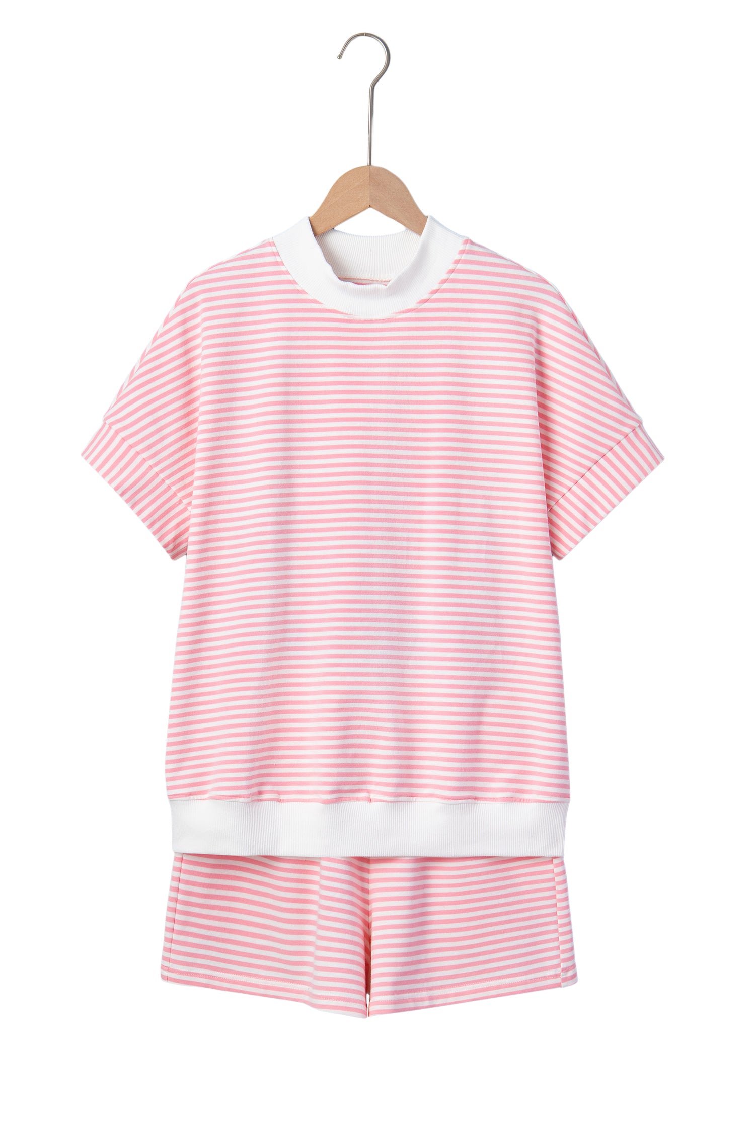 Pink Stripe Cuffed Sleeve Contrast Mock Neck Tee Casual 2pcs Short Set-Two Piece Sets/Short Sets-[Adult]-[Female]-2022 Online Blue Zone Planet