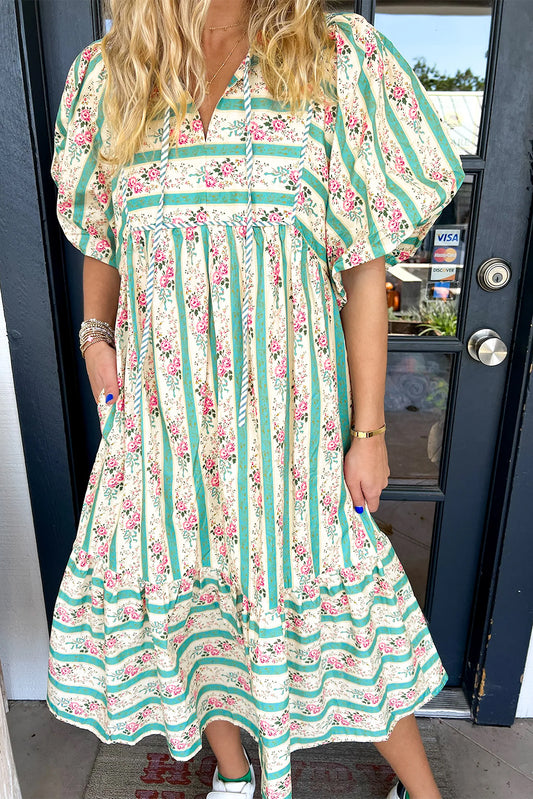 Multicolour Striped Floral Print Tie Split Neck Puff Sleeve Midi Dress-TOPS / DRESSES-[Adult]-[Female]-Multicolour-S-2022 Online Blue Zone Planet