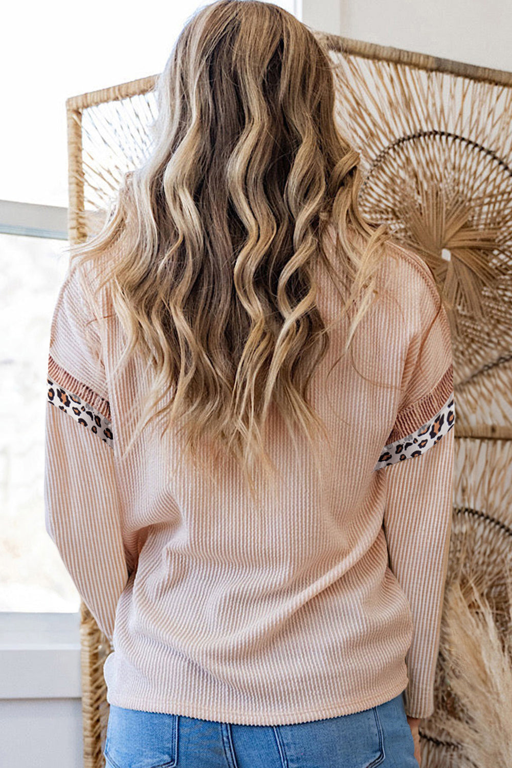 Beige Twist Ribbed Leopard Color Block Detail Drop Shoulder Long Sleeve Top-Tops/Long Sleeve Tops-[Adult]-[Female]-2022 Online Blue Zone Planet