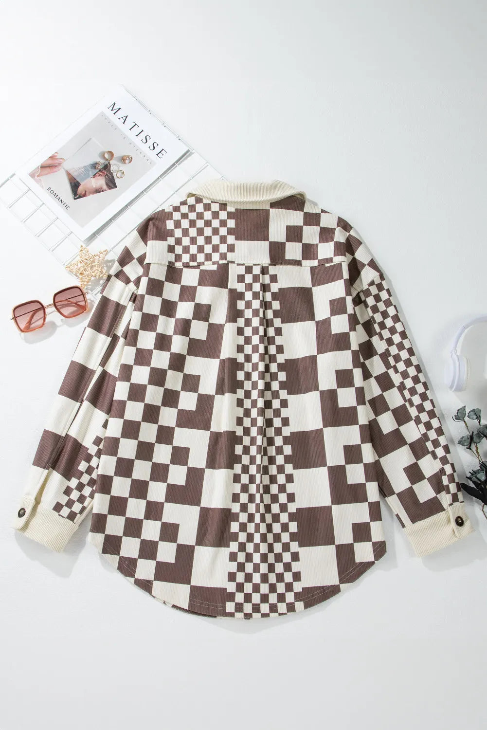 Pocketed Checkered Button Up Long Sleeve Jacket-TOPS / DRESSES-[Adult]-[Female]-2022 Online Blue Zone Planet