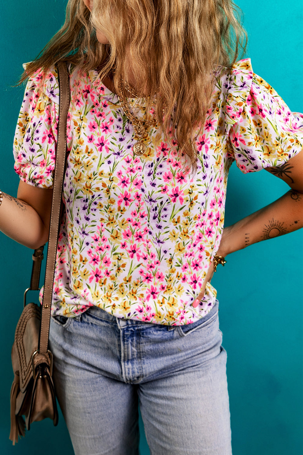 Pink Floral Puff Short Sleeve Crewneck Blouse-Tops/Blouses & Shirts-[Adult]-[Female]-2022 Online Blue Zone Planet