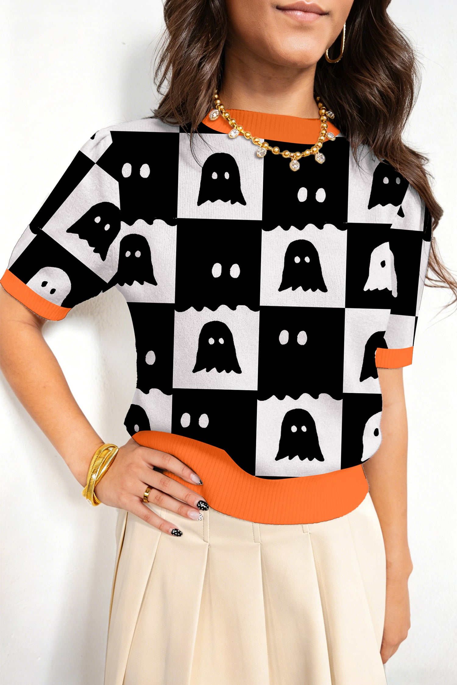 White Geometric Ghost Color Block Trim Short Sleeve Knit Sweater-Sweaters & Cardigans/Short Sleeve Sweaters-[Adult]-[Female]-2022 Online Blue Zone Planet