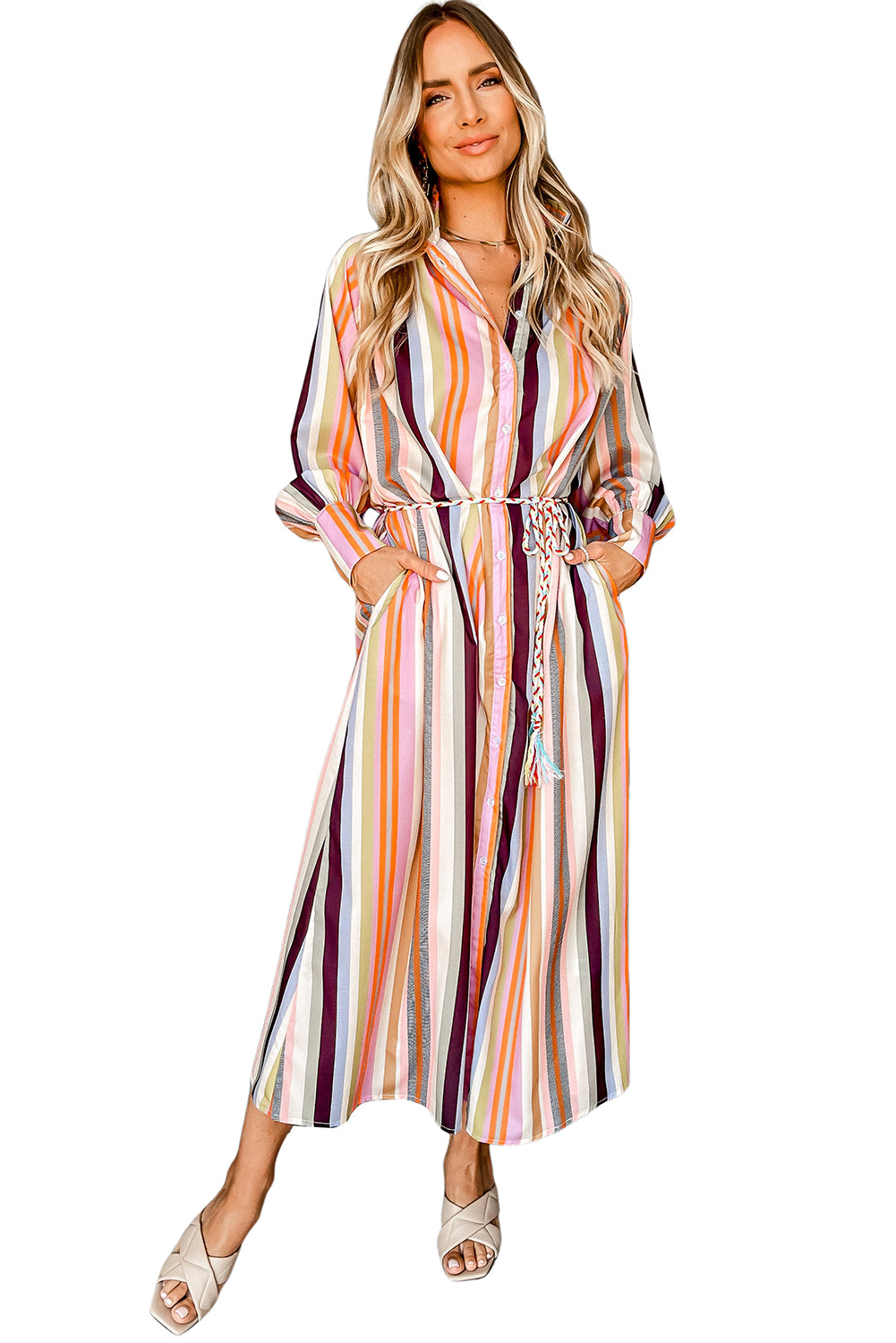 White Colorful Striped Cuffed Sleeve Tassel Tie Maxi Dress-Maxi Dresses-[Adult]-[Female]-2022 Online Blue Zone Planet