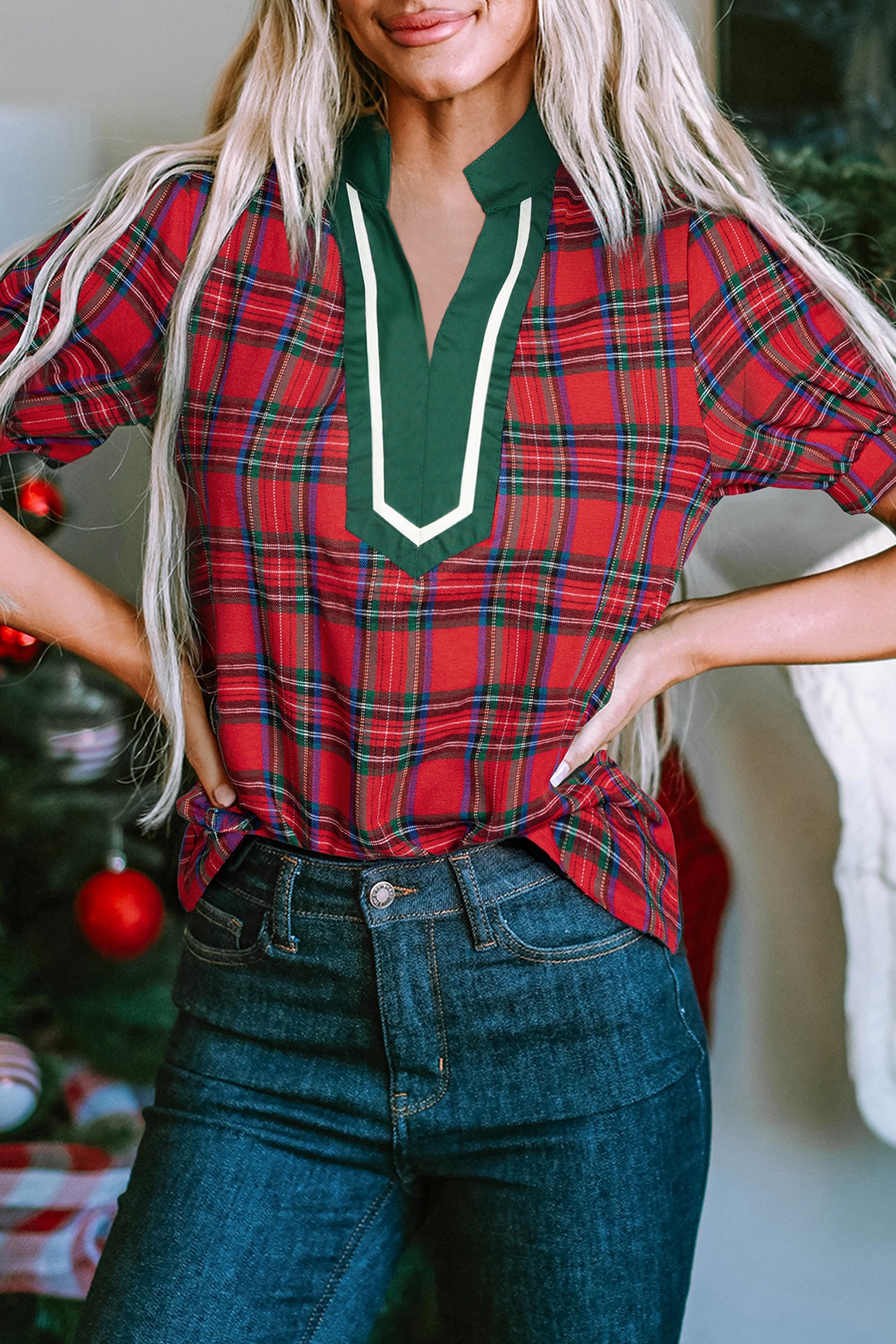 Red Plaid Print Contrast Trim V Neck Short Sleeve Blouse-Tops/Blouses & Shirts-[Adult]-[Female]-2022 Online Blue Zone Planet