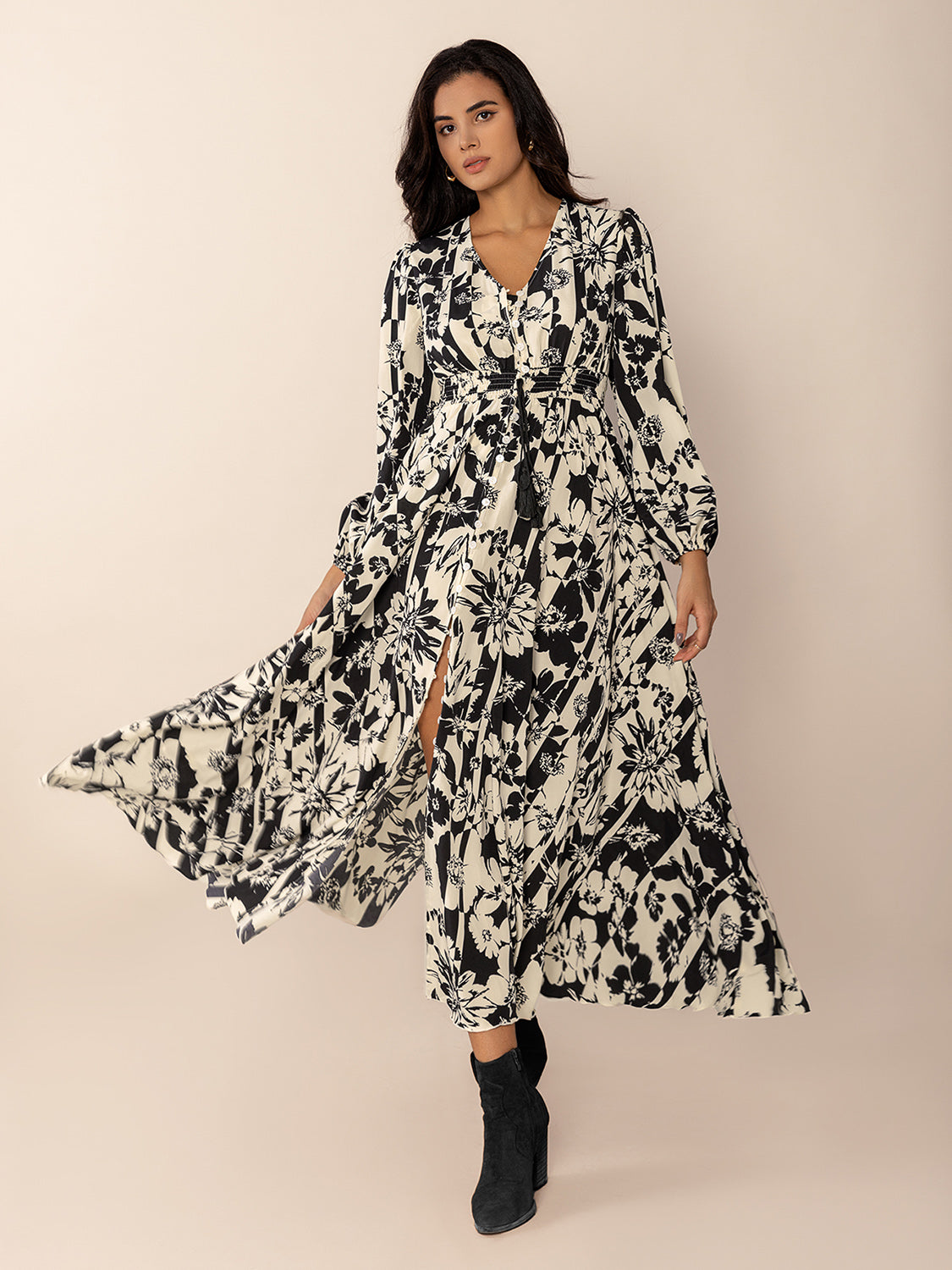 Tied Printed V-Neck Long Sleeve Midi Dress-TOPS / DRESSES-[Adult]-[Female]-Black/White-S-2022 Online Blue Zone Planet