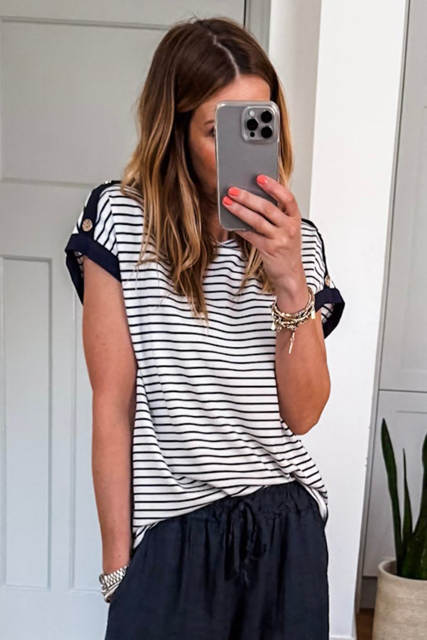 Black Stripe Cuffed Sleeve Button Detail Loose Tee-Tops/Tops & Tees-[Adult]-[Female]-2022 Online Blue Zone Planet