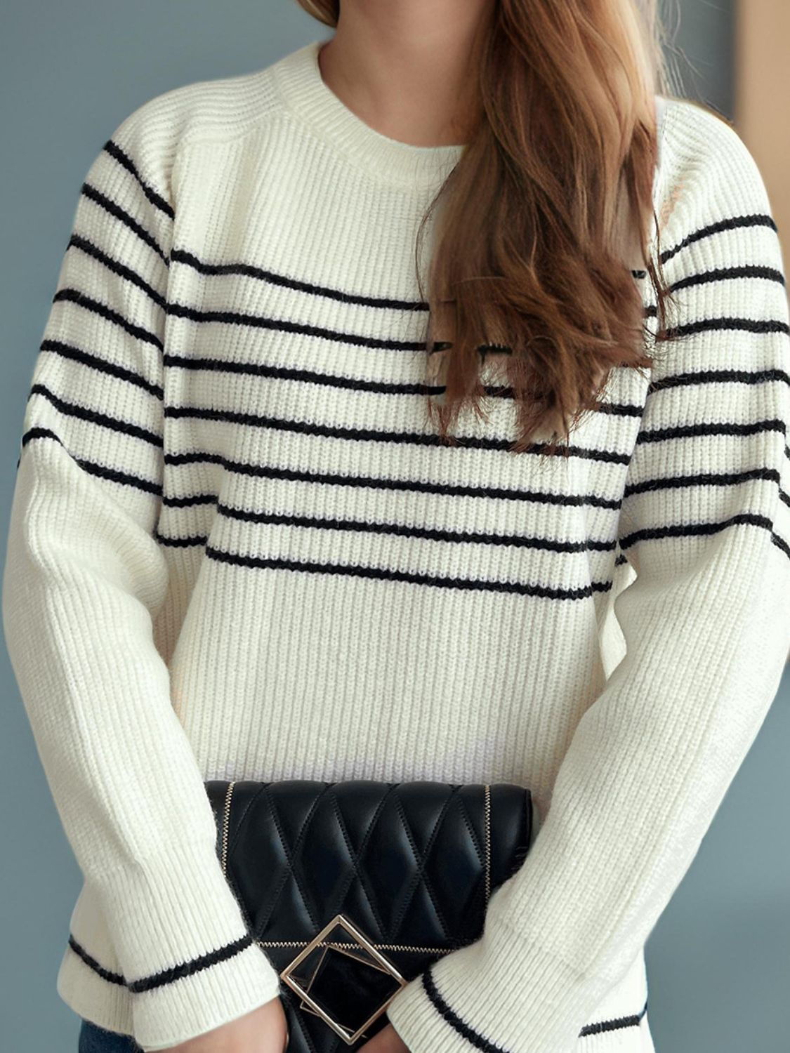 Striped Round Neck Long Sleeve Sweater-TOPS / DRESSES-[Adult]-[Female]-White-One Size-2022 Online Blue Zone Planet