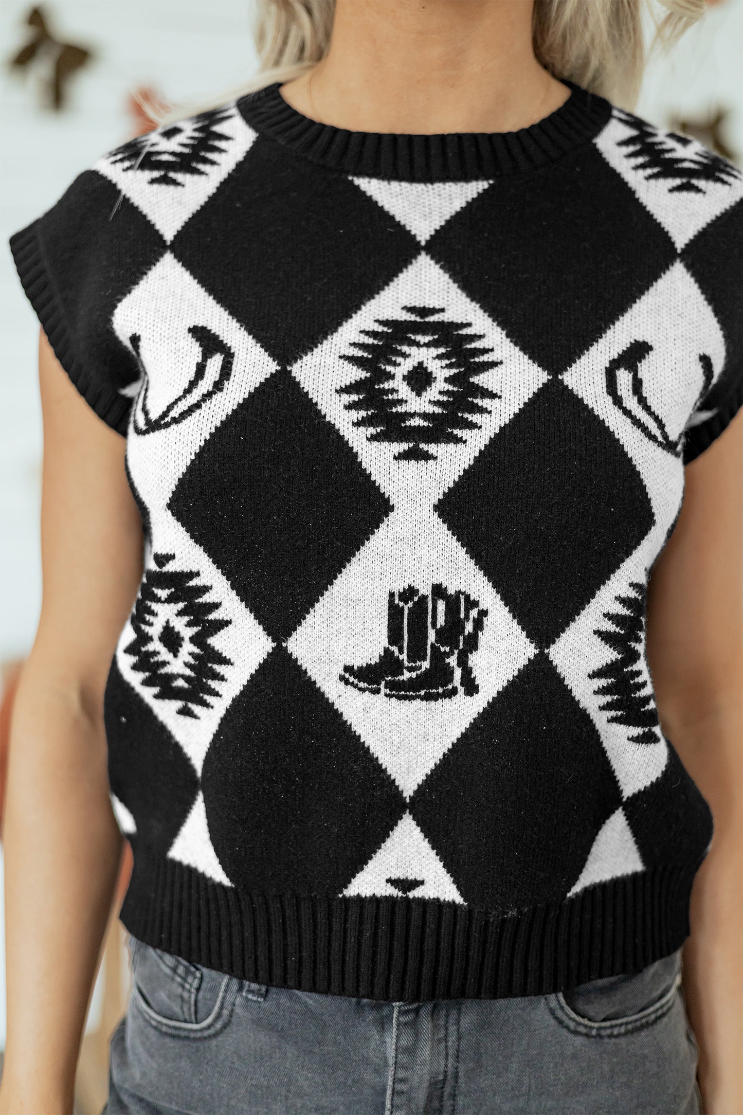 Black Retro Rhombus Western Print Drop Shoulder Short Sleeve Sweater-Sweaters & Cardigans/Short Sleeve Sweaters-[Adult]-[Female]-2022 Online Blue Zone Planet