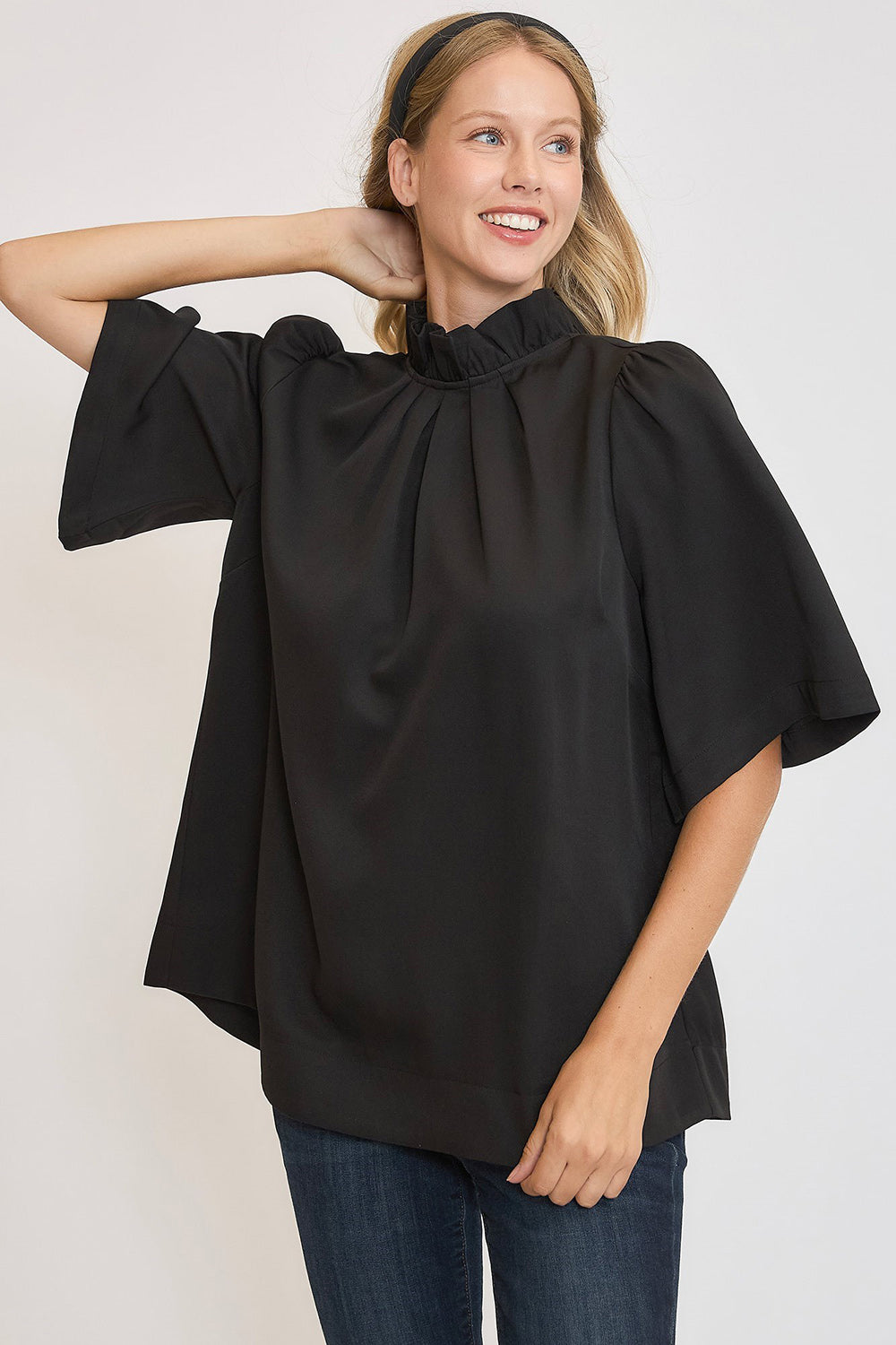 Umgee Bow Tie Back Mock Neck Half Sleeve Blouse-TOPS / DRESSES-[Adult]-[Female]-Black-S-2022 Online Blue Zone Planet