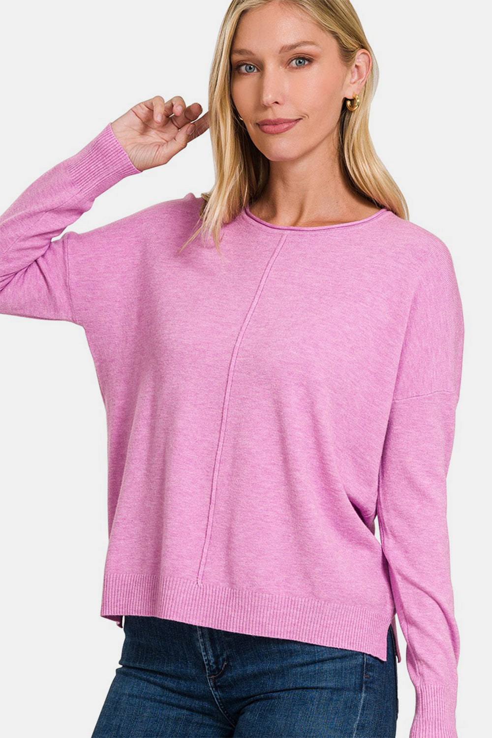 Zenana Front Seam Round Neck Sweater-TOPS / DRESSES-[Adult]-[Female]-2022 Online Blue Zone Planet