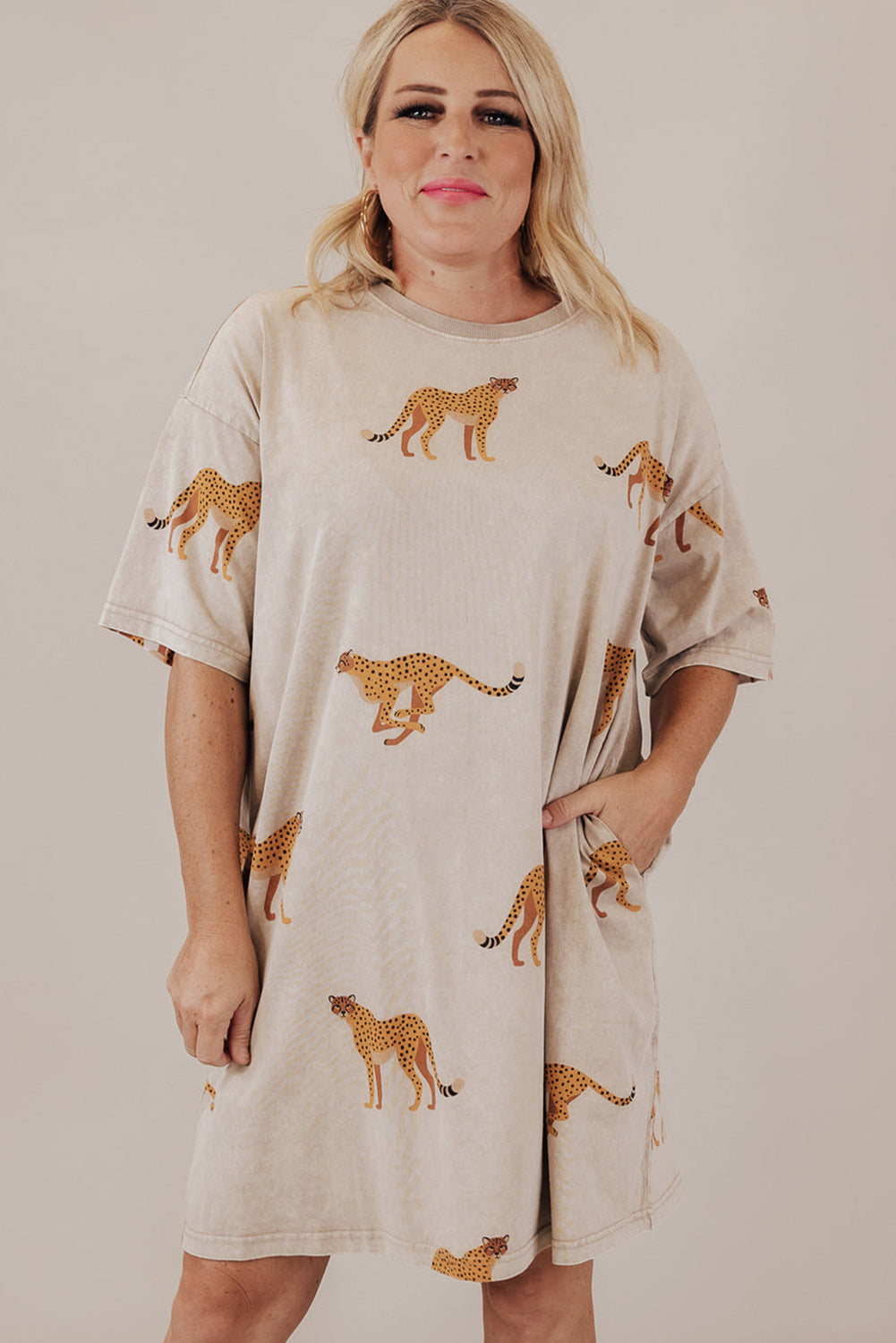 Apricot Plus Size Cheetah Print Side Pockets T Shirt Mini Dress-TOPS / DRESSES-[Adult]-[Female]-2022 Online Blue Zone Planet