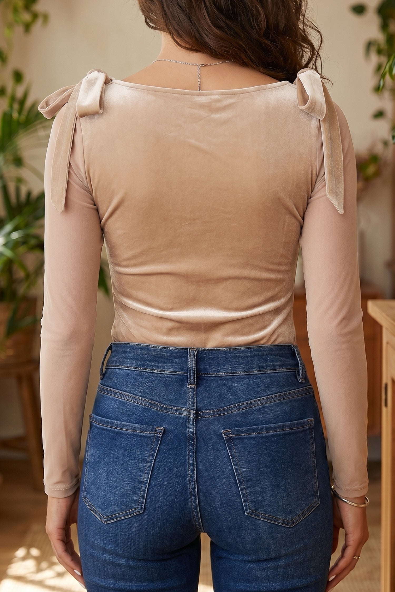 Light French Beige Solid Color Velvet Knot Square Neck Sheer Long Sleeve Bodysuit-Tops/Bodysuits-[Adult]-[Female]-2022 Online Blue Zone Planet
