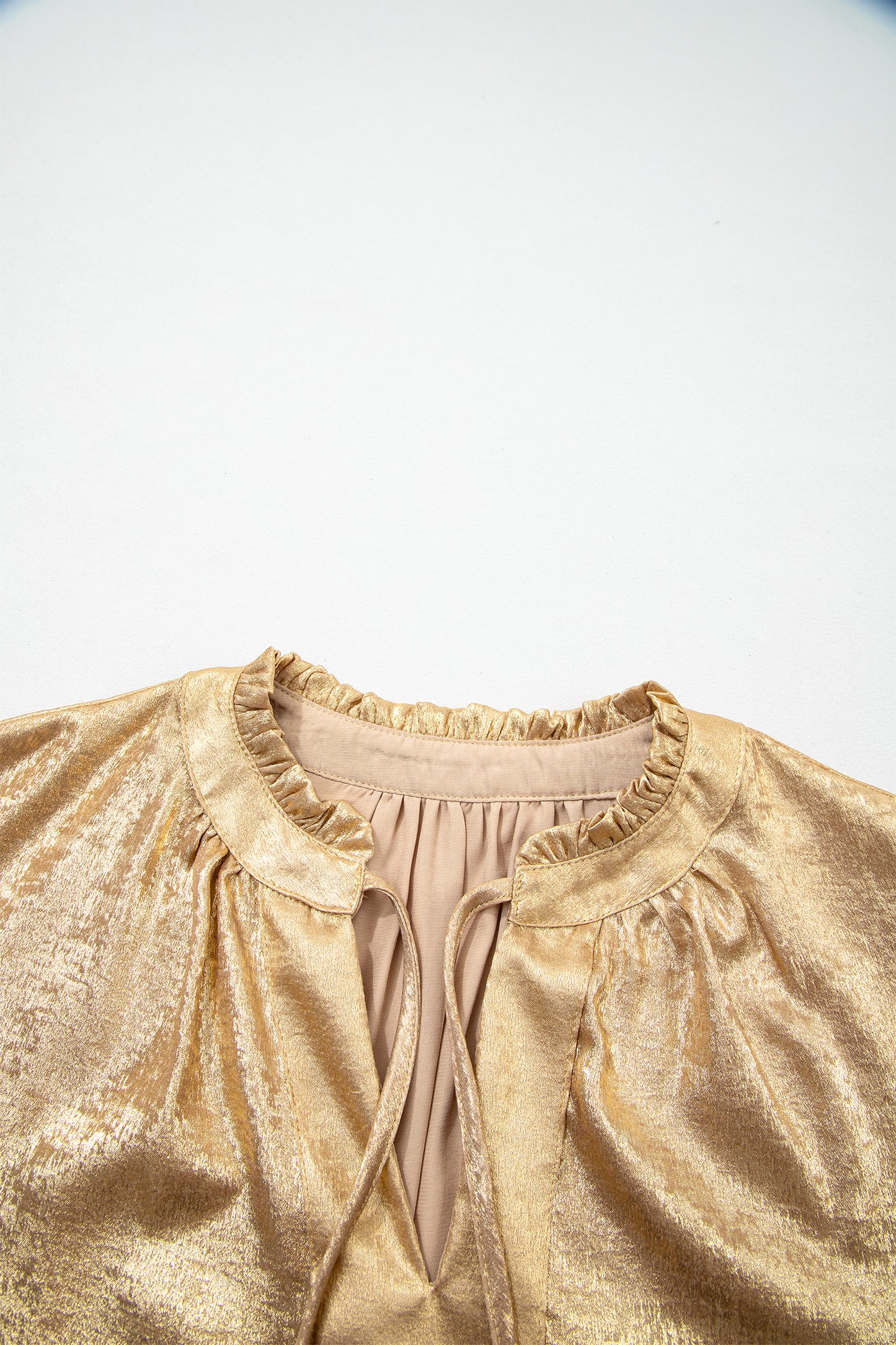 Gold Metallic Sheen V Neck Gathered Cuff Long Sleeve Blouse-Tops/Blouses & Shirts-[Adult]-[Female]-2022 Online Blue Zone Planet