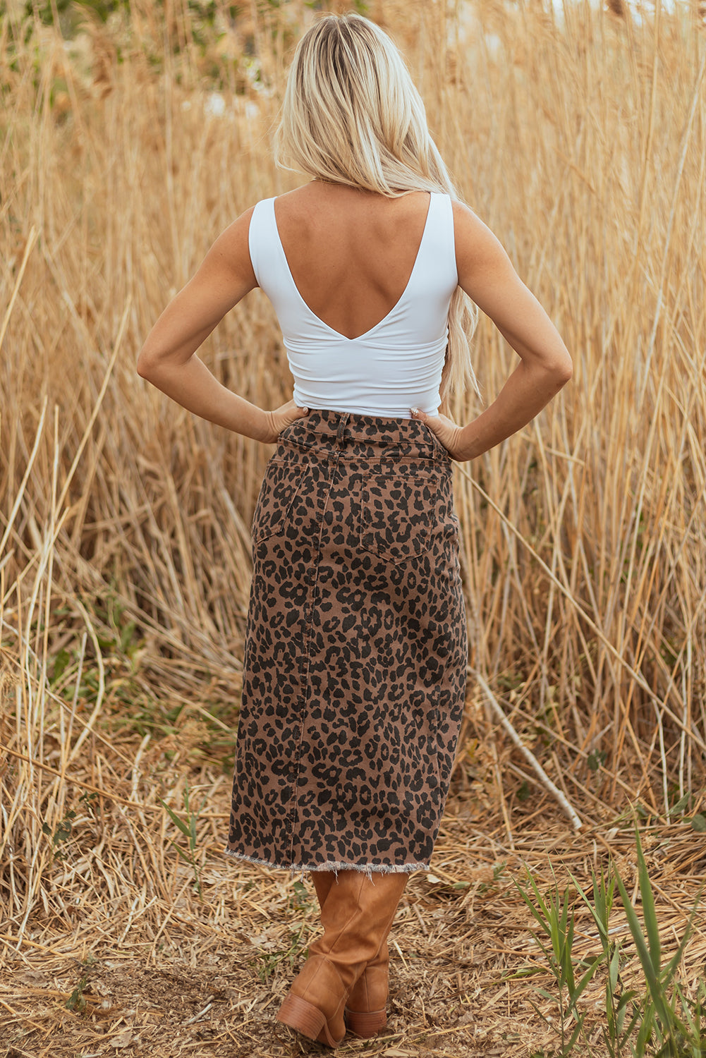 Brown Leopard Denim Frayed Split Denim Midi Skirt-Bottoms/Skirts & Petticoat-[Adult]-[Female]-2022 Online Blue Zone Planet