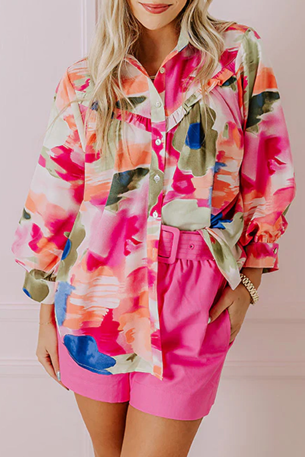 Rose Abstract Print Ruffled Puff Sleeve Shirt-Tops/Blouses & Shirts-[Adult]-[Female]-Rose-S-2022 Online Blue Zone Planet