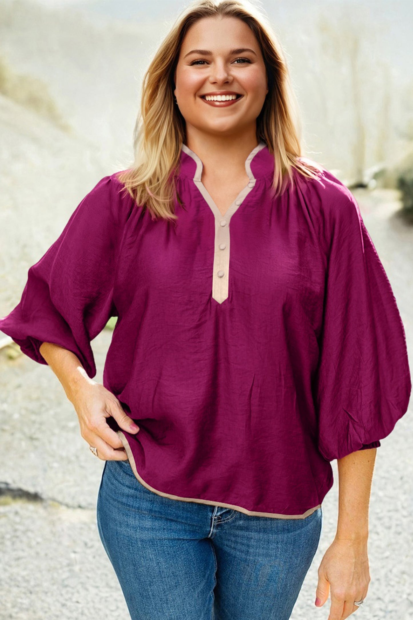 Wild Ginger Plus Size Contrast Trim Button V Neck Puffy Bracelet Sleeve Blouse-Bracelet-[Adult]-[Female]-2022 Online Blue Zone Planet