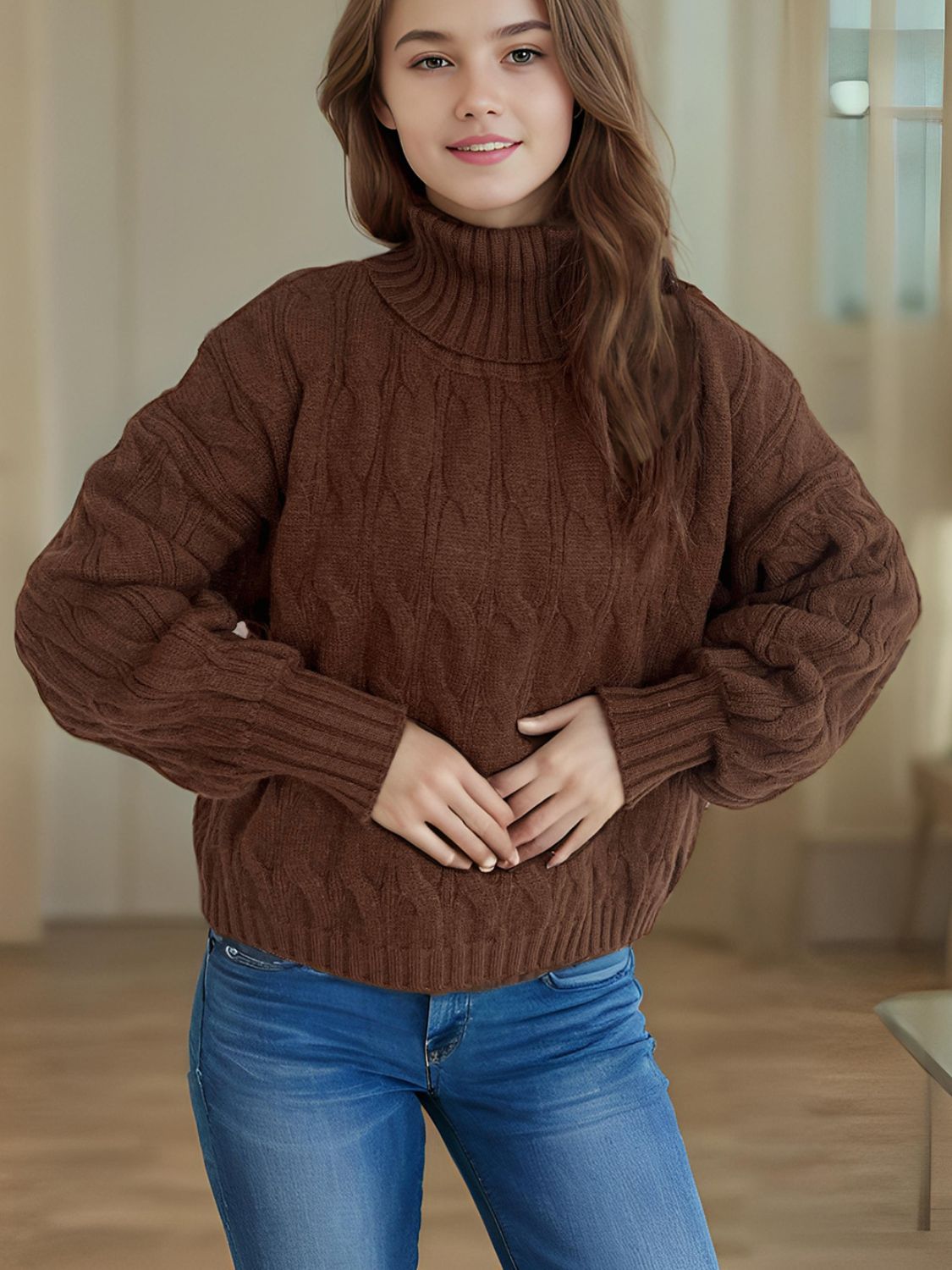 Cable-Knit Turtleneck Long Sleeve Sweater-TOPS / DRESSES-[Adult]-[Female]-Chocolate-One Size-2022 Online Blue Zone Planet