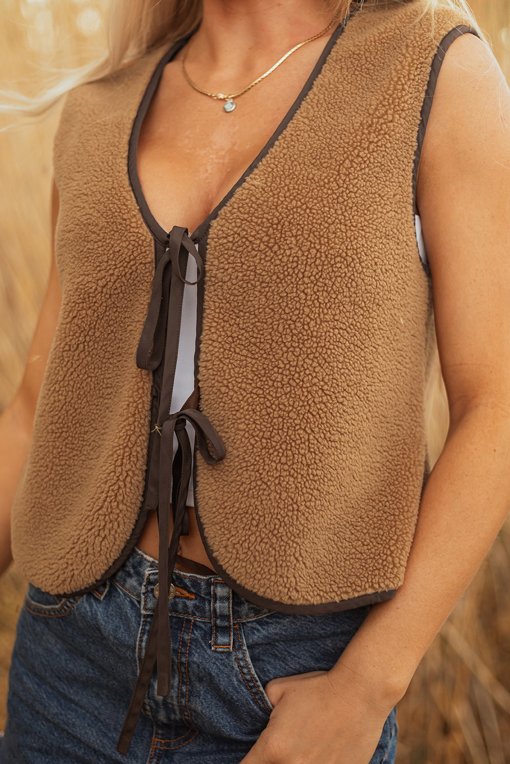 Light French Beige Contrast Trim Tie Front Sherpa Vest-Outerwear/Vests-[Adult]-[Female]-2022 Online Blue Zone Planet