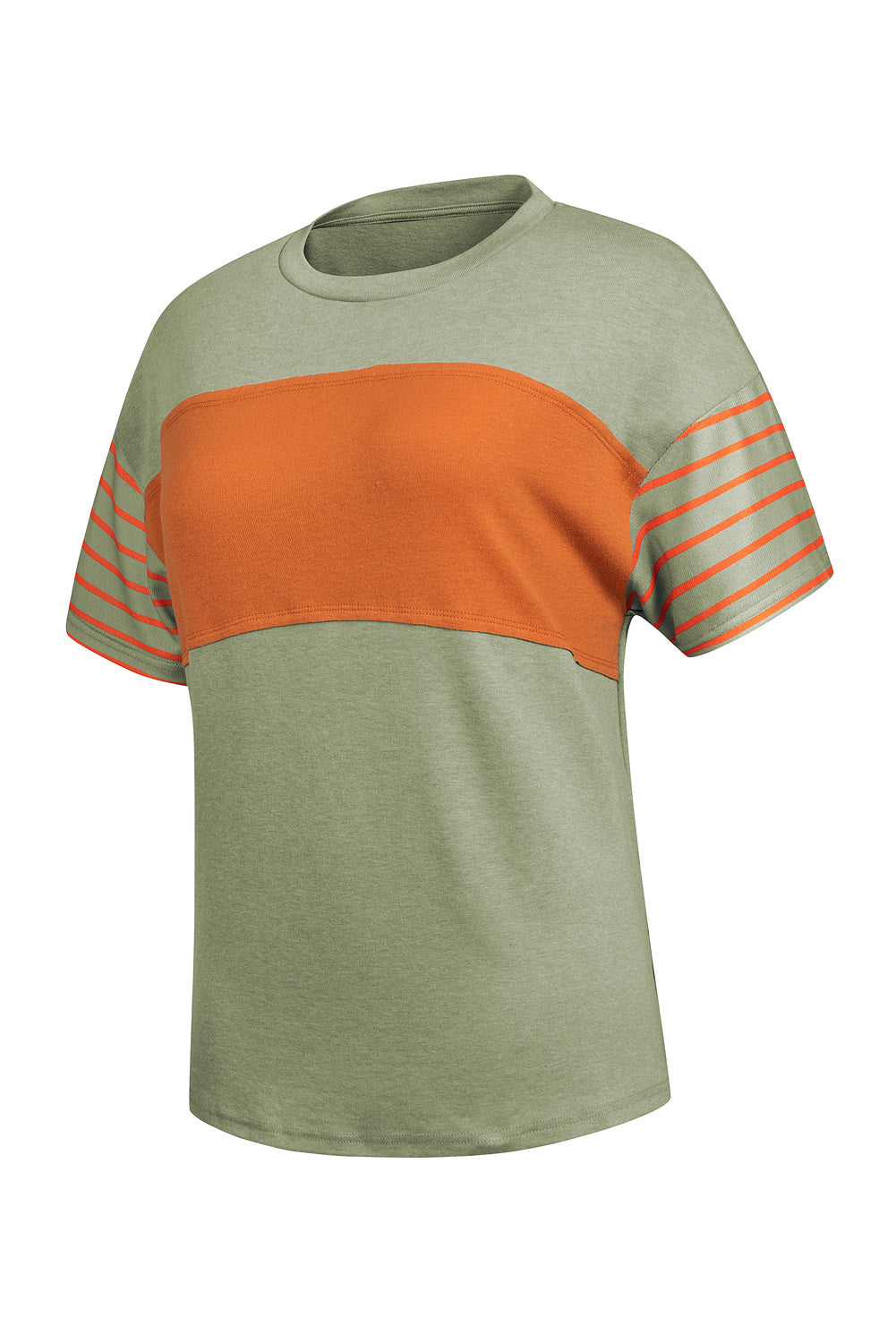 Laurel Green Color Block Striped Detail Loose T Shirt-Tops/Tops & Tees-[Adult]-[Female]-2022 Online Blue Zone Planet