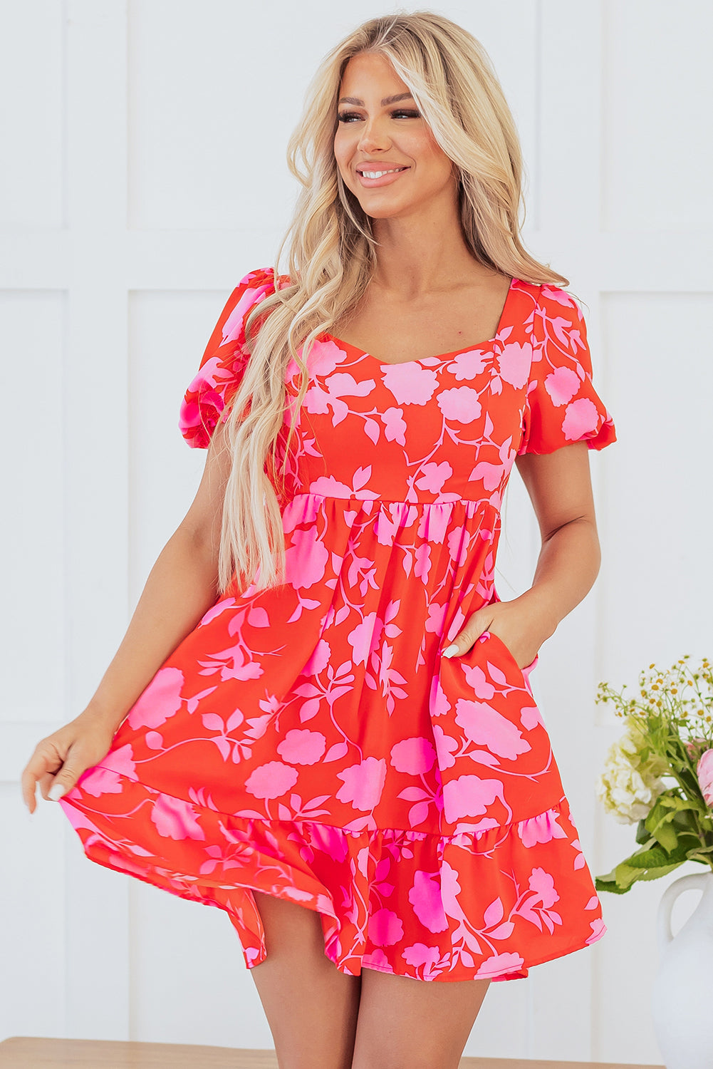 Blue Zone Planet | Red Floral Bubble Sleeve Sweetheart Neck Ruffled Mini Dress-TOPS / DRESSES-[Adult]-[Female]-2022 Online Blue Zone Planet