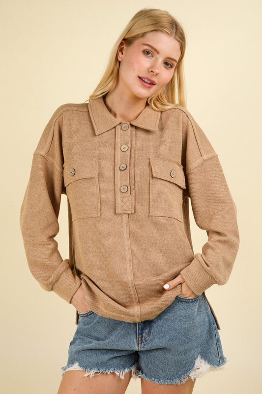 VERY J Collared Half Button Knit Top with Pockets-TOPS / DRESSES-[Adult]-[Female]-Taupe-S-2022 Online Blue Zone Planet