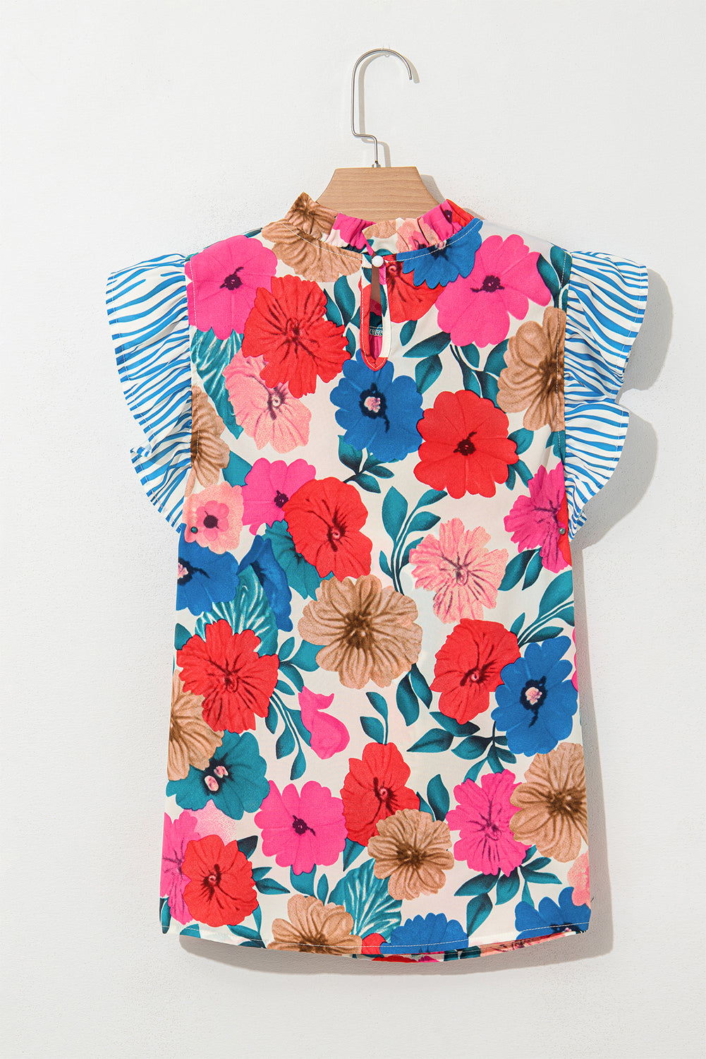 Sky Blue Floral Mock Neck Striped Flutter Sleeve Blouse-Tops/Blouses & Shirts-[Adult]-[Female]-2022 Online Blue Zone Planet