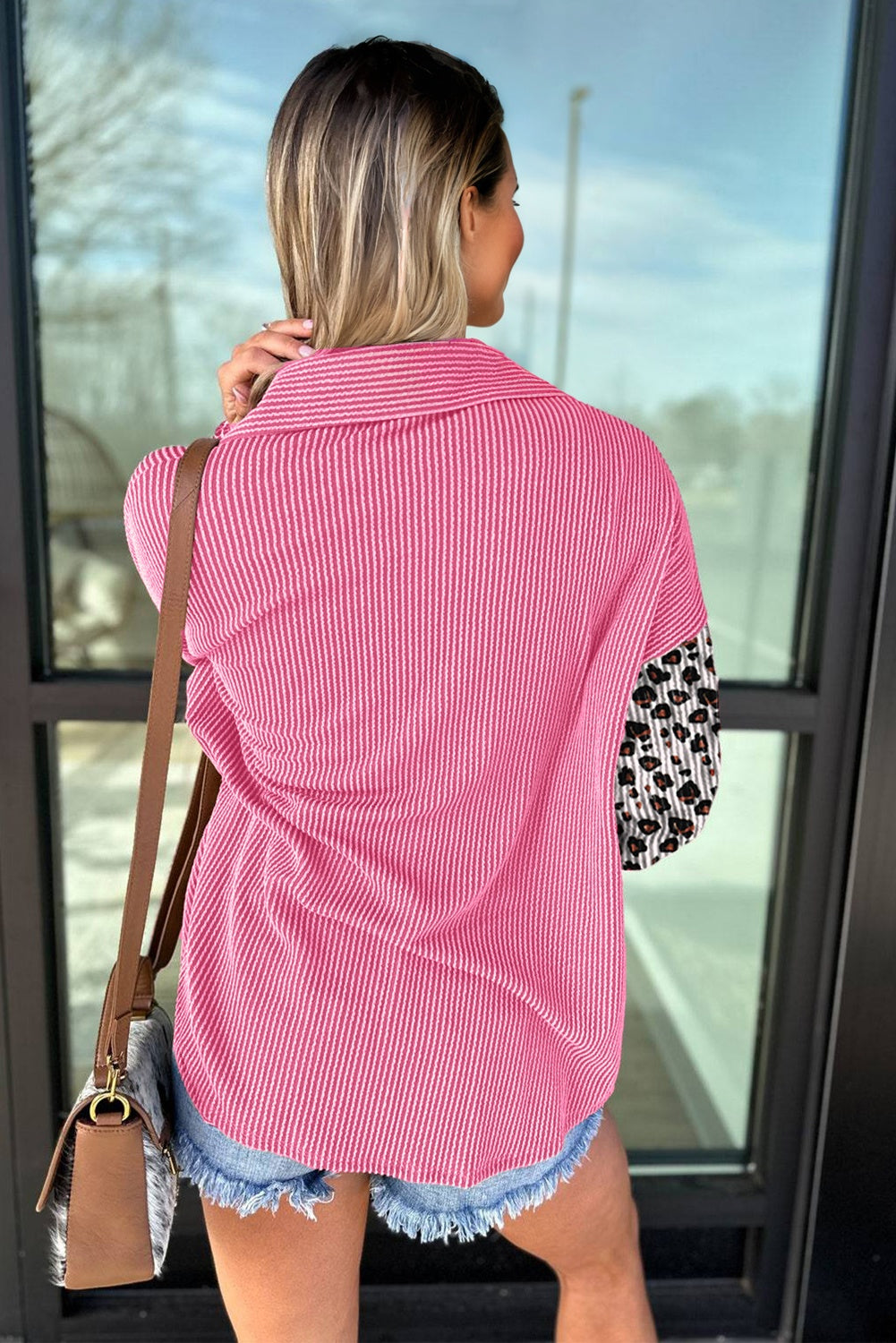 Rose Red Leopard Patched Twisted Ribbed Western Casual Shacket-Outerwear/Jackets-[Adult]-[Female]-2022 Online Blue Zone Planet