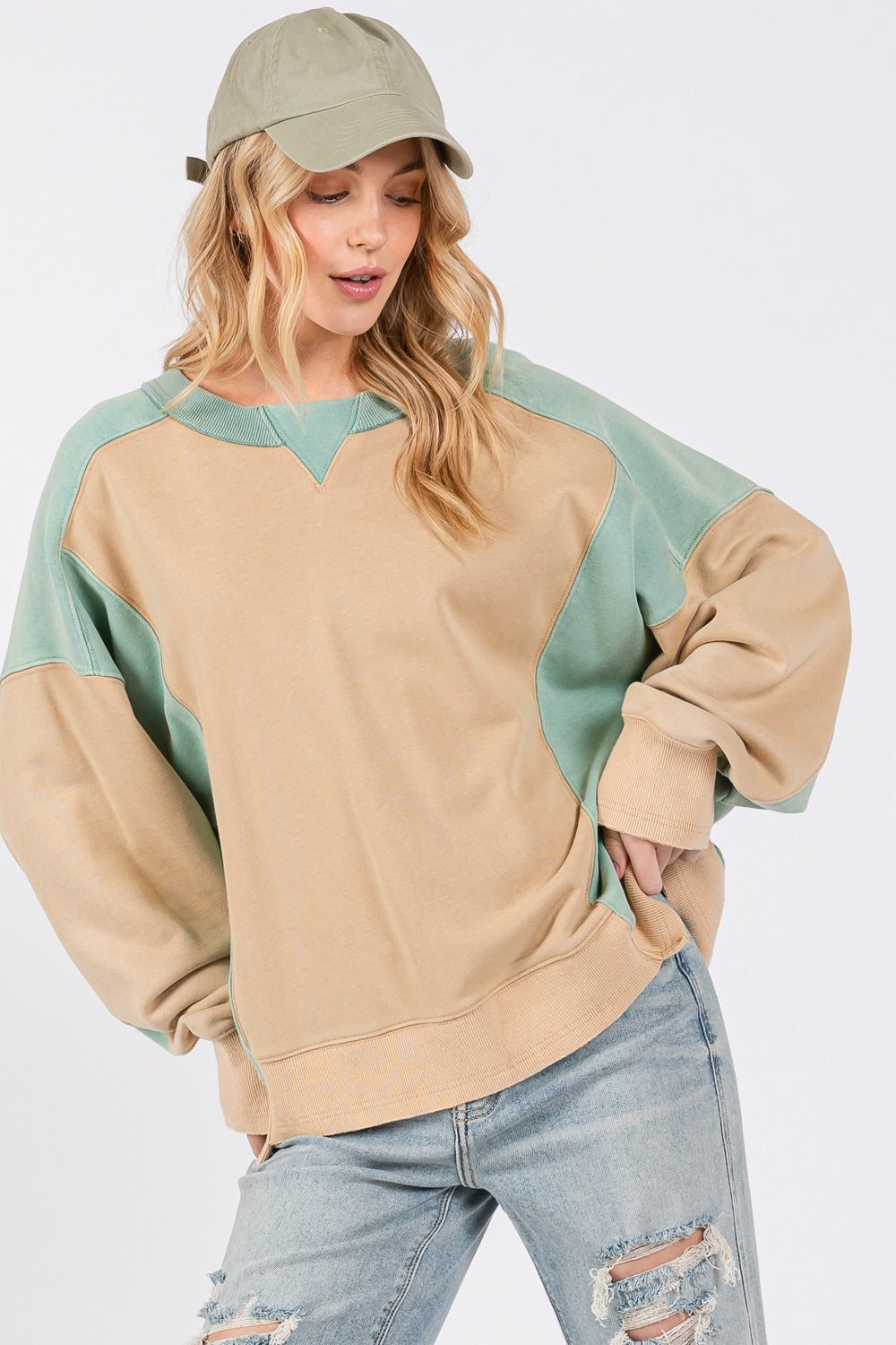 SAGE + FIG Color Block Round Neck Sweatshirt-TOPS / DRESSES-[Adult]-[Female]-2022 Online Blue Zone Planet