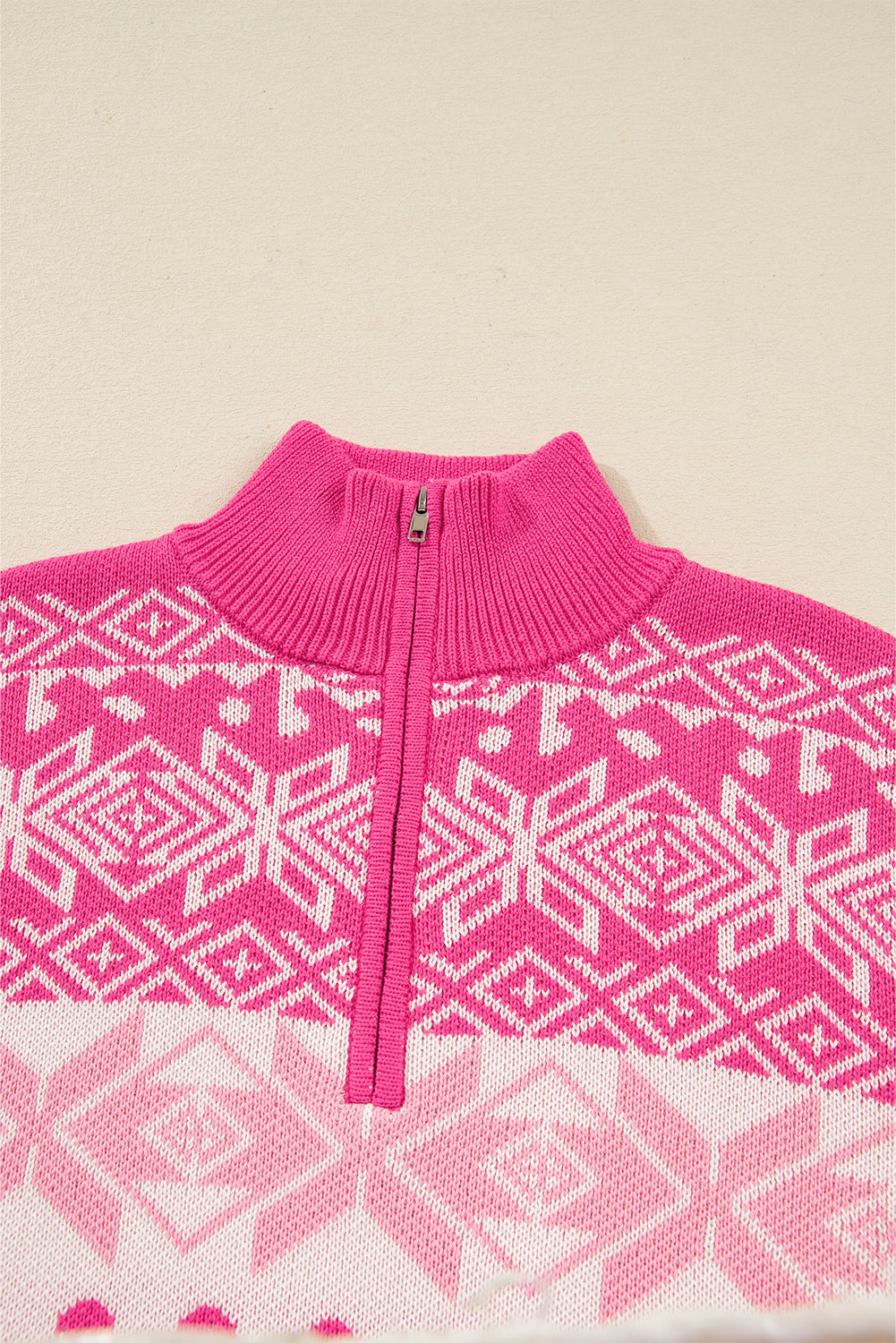 Rose Red Christmas Snowflake Quarter Zip Collard Sweater-Sweaters & Cardigans/Sweaters-[Adult]-[Female]-2022 Online Blue Zone Planet