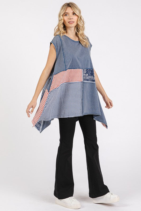 Mittoshop Patchwork Mineral Washed Round Neck Cap Sleeve Top-TOPS / DRESSES-[Adult]-[Female]-2022 Online Blue Zone Planet