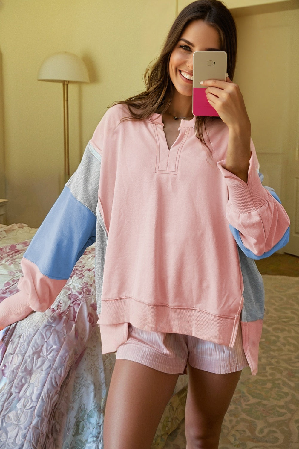 Apricot Pink Exposed Seam Color Block Patchwork Slit Cuffs Oversize Sweatshirt-Tops/Sweatshirts & Hoodies-[Adult]-[Female]-2022 Online Blue Zone Planet