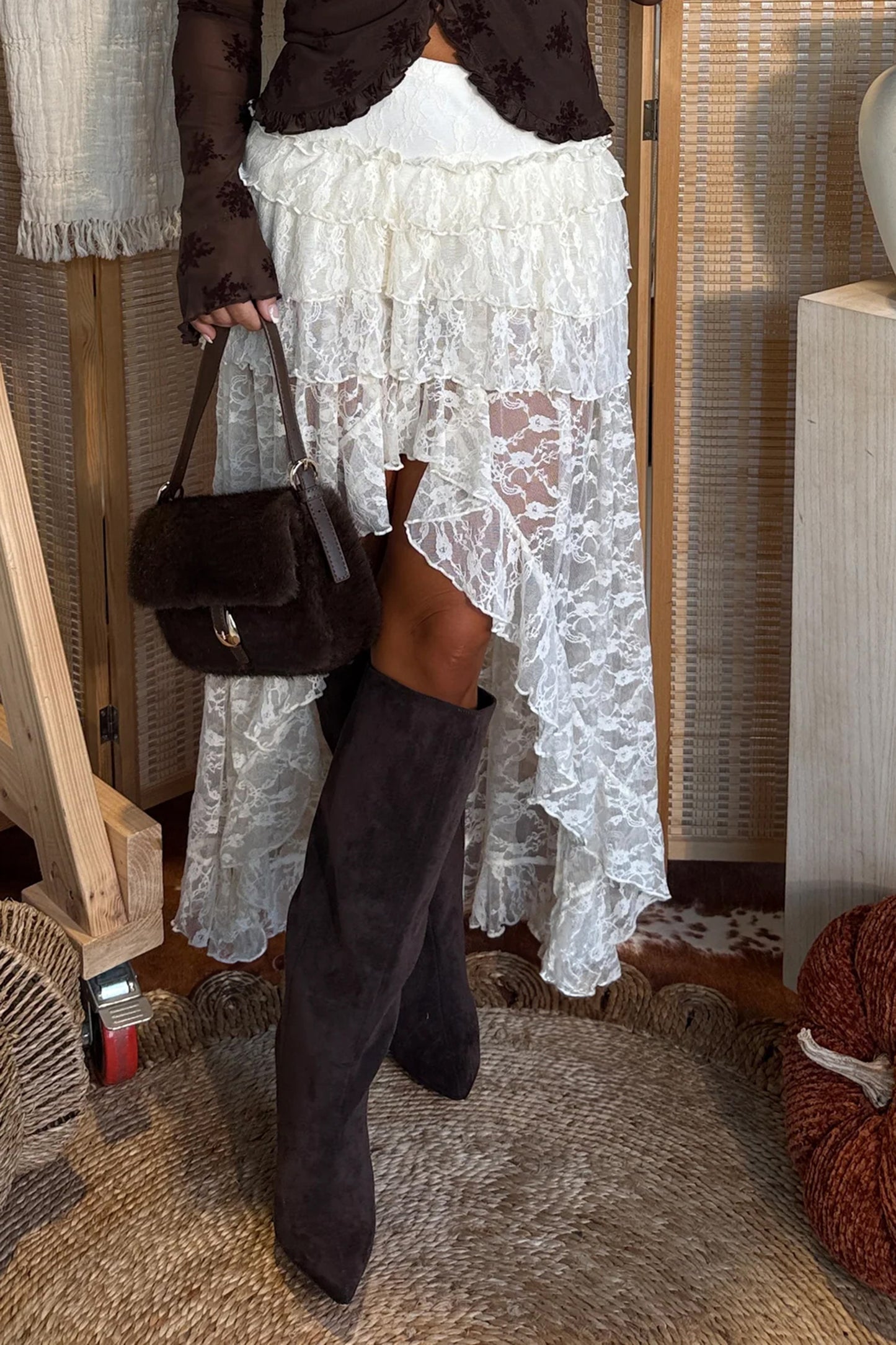 White Sheer Lace Frilly Ruffles High Low Long Skirt-Bottoms/Skirts & Petticoat-[Adult]-[Female]-2022 Online Blue Zone Planet