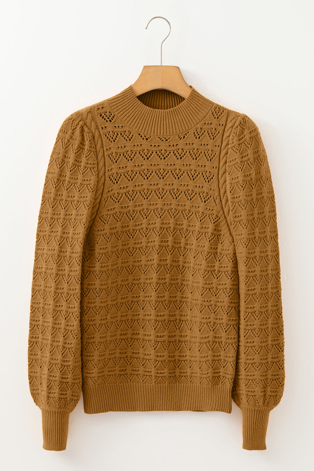 Jurassic Gold Hollow Out Crochet Ribbed Edge Balloon Sleeve Sweater-TOPS / DRESSES-[Adult]-[Female]-2022 Online Blue Zone Planet