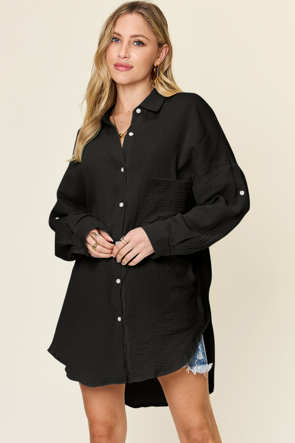 Double Take Full Size Pocketed Texture Button Up Shirt-TOPS / DRESSES-[Adult]-[Female]-Black-S-2022 Online Blue Zone Planet