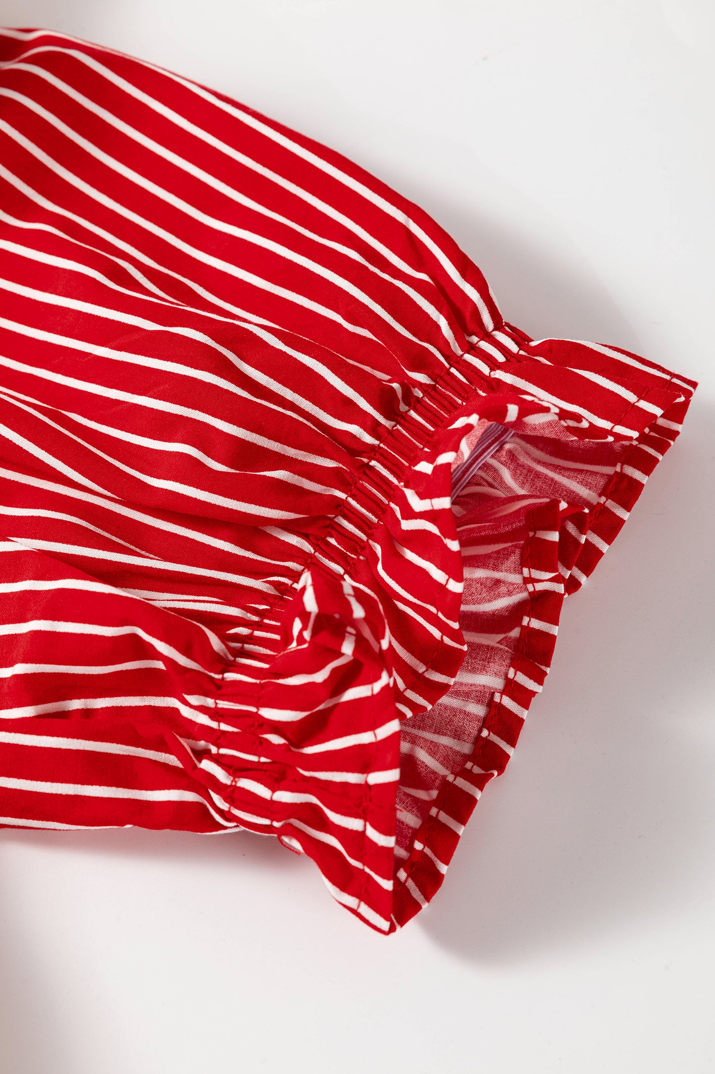 Red Stripe Ruffled Short Puff Sleeve Button Front Blouse-Tops/Blouses & Shirts-[Adult]-[Female]-2022 Online Blue Zone Planet